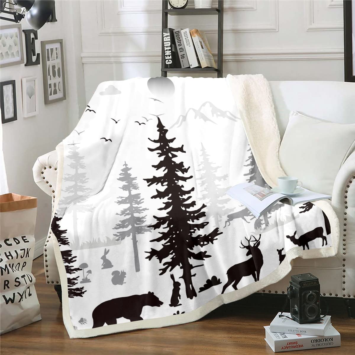 Erosebridal Woodland Animal Sherpa Blanket Bear Deer Fleece Blanket for Kids Toddler, Moose Rabbit Blanket Black and White Throw Blanket for Sofa, Jungle Pine Tree Flannel Blanket Lightweight