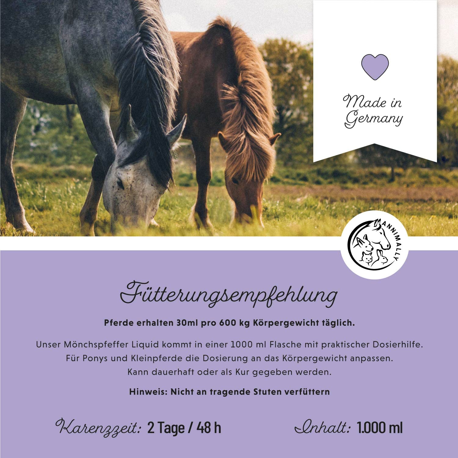 Annimally Mönchspfeffer Pferd Liquid - 1000ml mit Ashwagandha, Magnesium, Süßholzwurzel flüssig - Bei hormonell bedingter Unruhe oder Rosseverhalten beim Pferd - Mönchspfeffer für Pferde