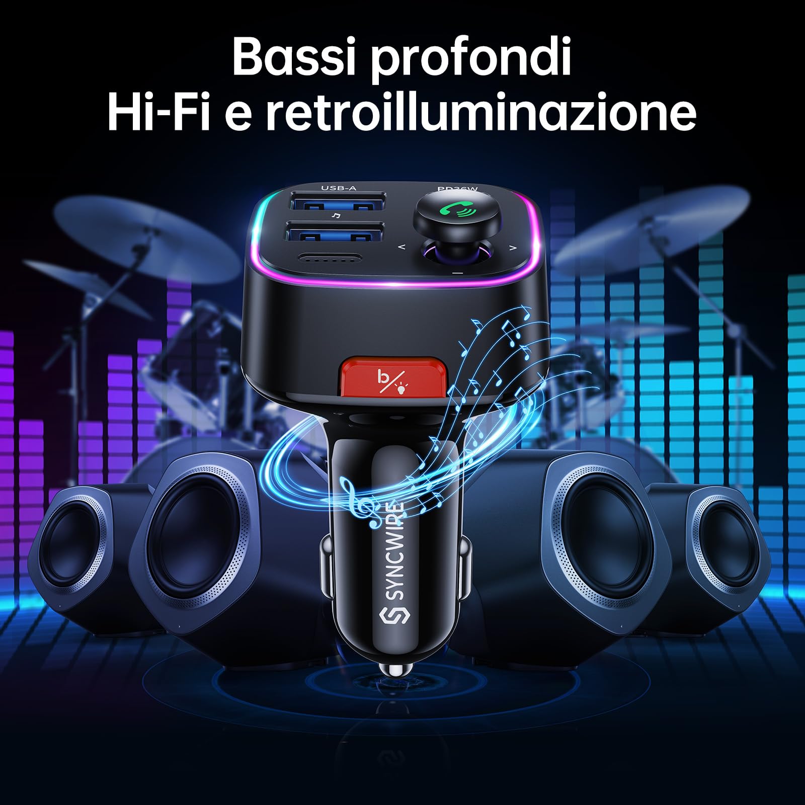Syncwire Trasmettitore FM Bluetooth 5.4, 48W (PD 36W e 12W) Doppia Porta USB di Ricarica Adattatore Auto, Radio Ricevitore Wireless, Display LED, Chiamate in Vivavoce, Supporto Unità USB 64GB