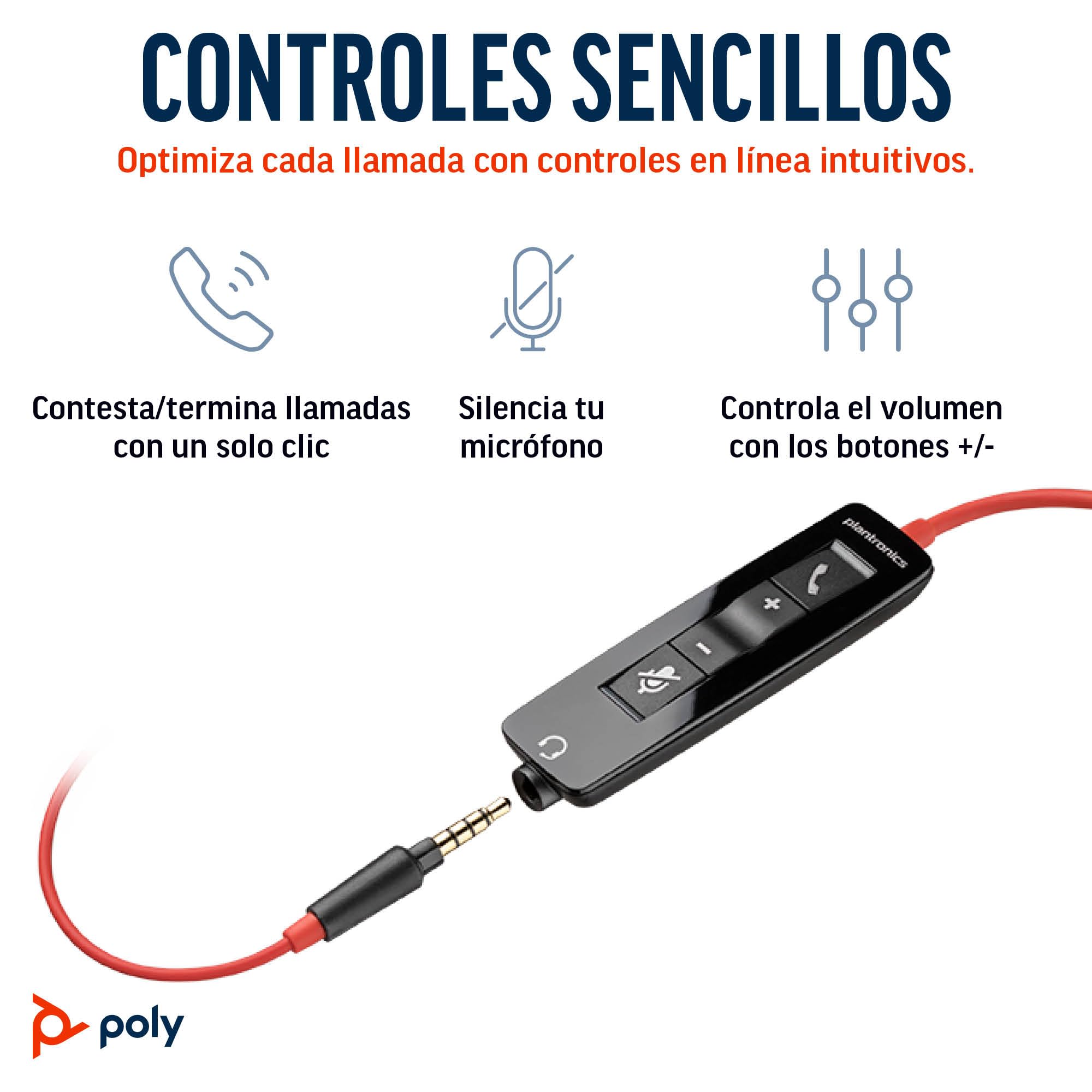 Auricular Poly Blackwire 5210 con cable (Plantronics), Micrófono de brazo flexible con cancelación de ruido, Diseño monoaural, Conexión a PC o teléfono móvil mediante USB-C, USB-A o conector de 3,5 mm