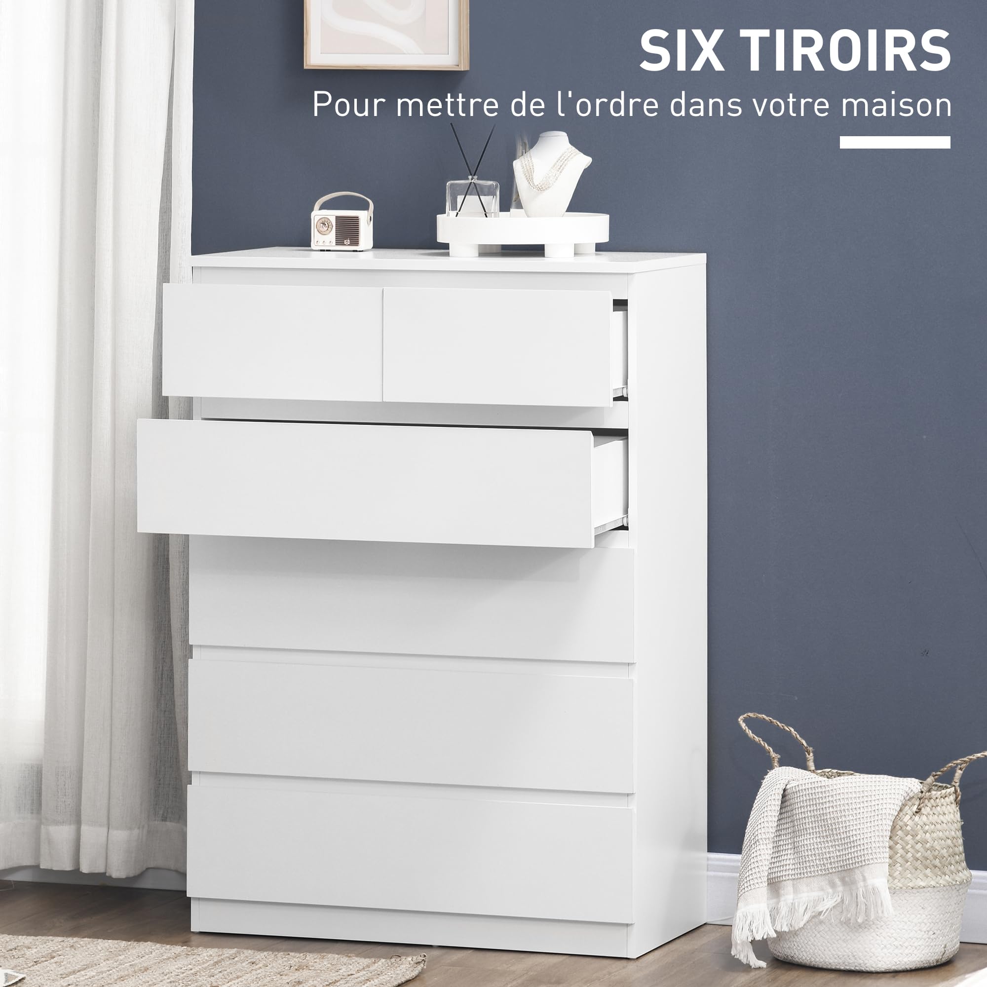 HOMCOM Commode 6 tiroirs, Meuble de Rangement étroit sans poignées, Style Moderne, Commode pour Chambre à Coucher, Salon, Couloir, 80 x 39 x 115 cm, Blanc