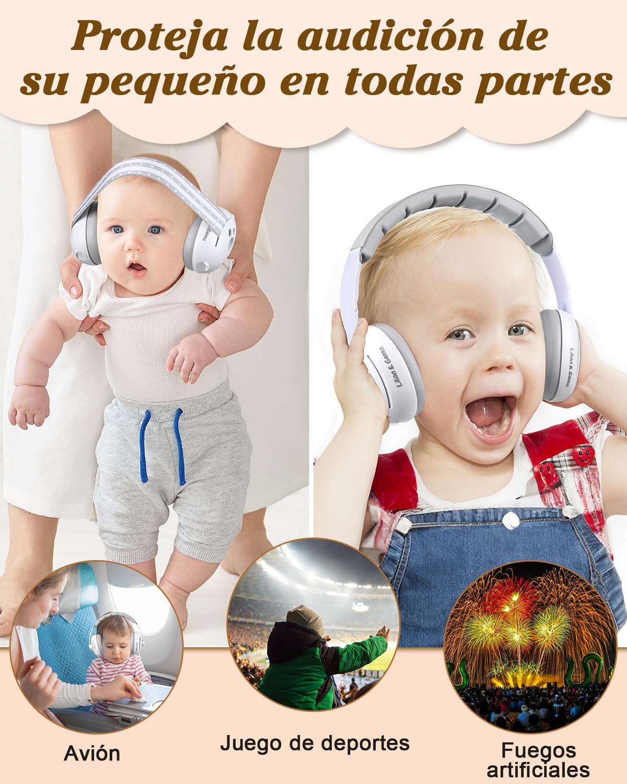 Lilian&Gema 2 en 1 Cascos Bebe Antiruido-Protectores auditivos para bebés,Diadema Ajustable, Antideslizante y sin Presión.Protección auditiva ideal para bebés de hasta 48 meses de edad
