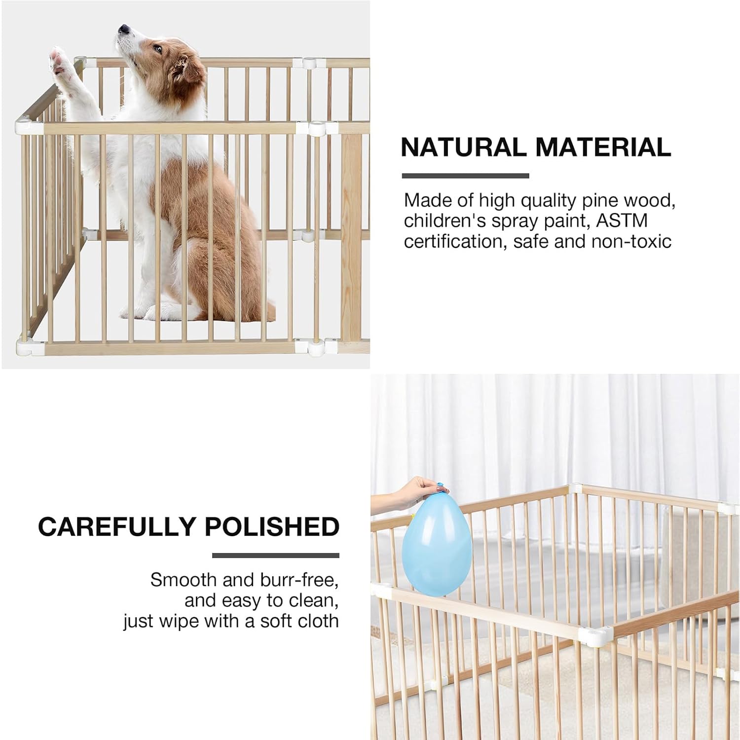 Natural Wood Baby Playpen with Gate & Anti-Slip Base, Large Safety Play Fence for Babies & Toddlers, Portable 6 Panel Kids Activity Center, 26" Tall Indoor Play Yard