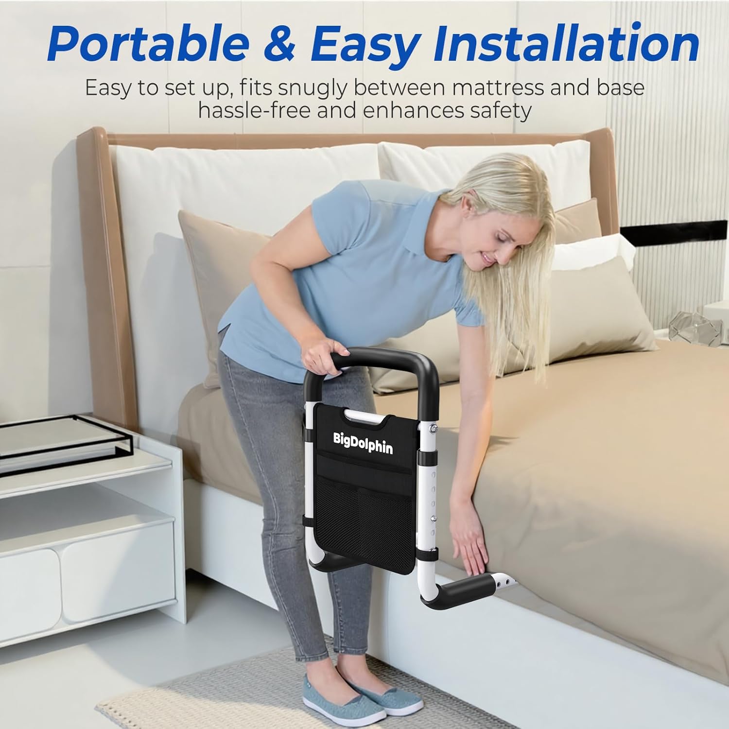 Bed Rails for Elderly Adults - ASTM Approved Adjustable Bed Cane with Non-Slip Ergonomic Handle & Storage Pocket, Bed Railings for Seniors Hold up to 350 LBS, Tool-Free - Image 7