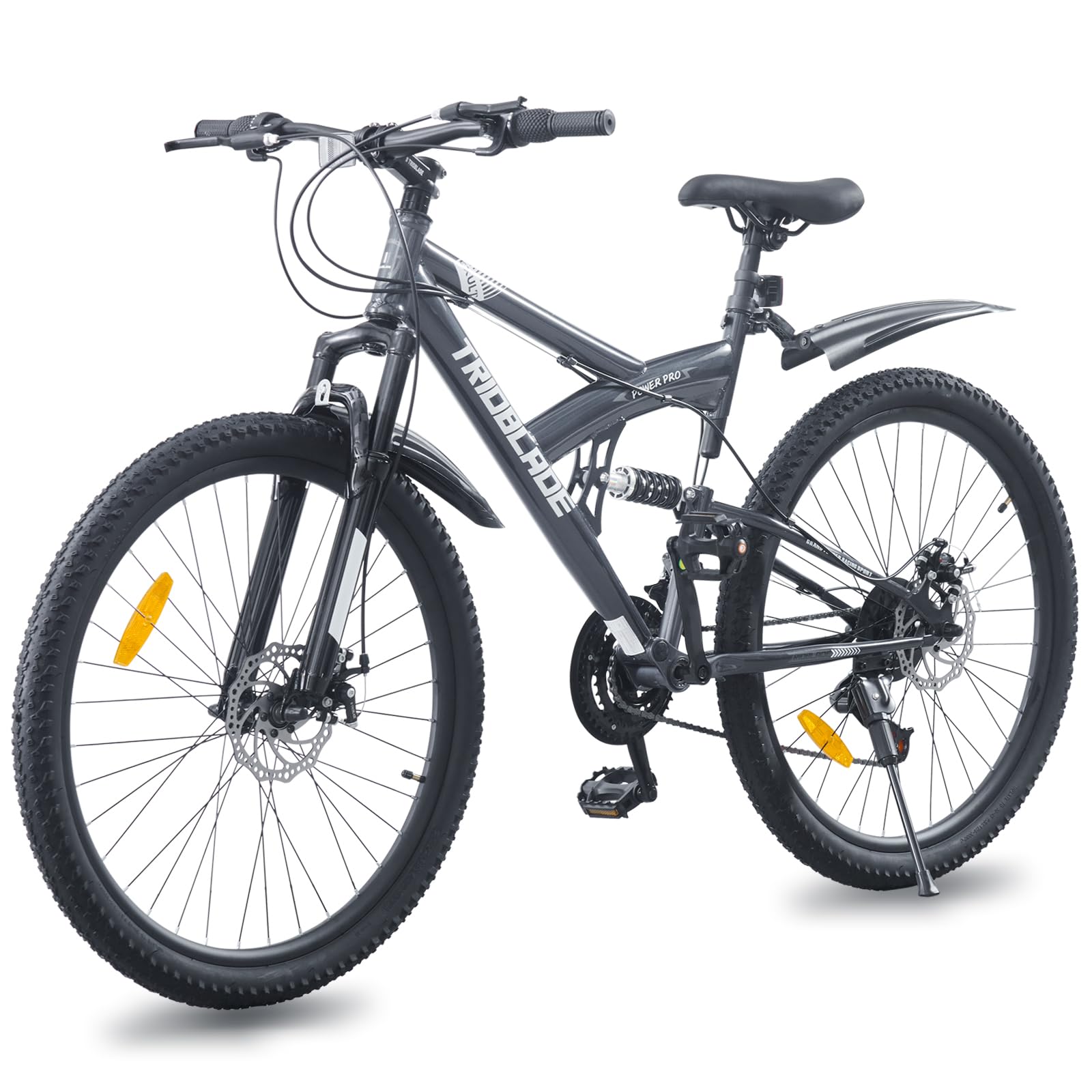 BSTSEL 24/26/27.5/29 Inch Mountain Bike with Fenders, Full Suspension 21 Speeds Mountain Bicycle, Dual Disc-Brakes Unisex Bike for Adults Men Women & Teenagers (Grey,26in)
