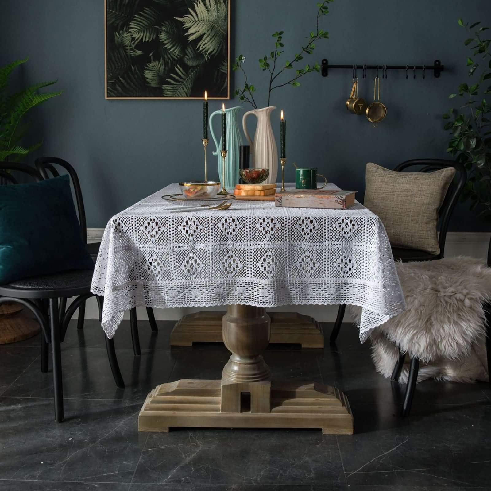 Mantel de Cocina Rectangular Blanco, Tejido Hueco, de Algodón y Lino Elegante, 140 x 200 cm, Mantel para Cafetería