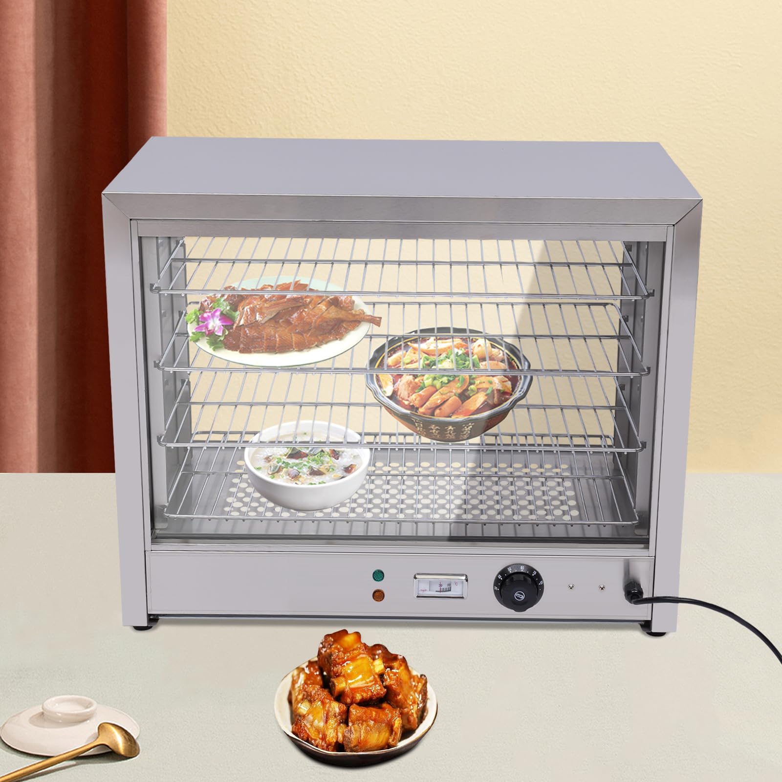 220 V, 30 – 85 °C, 4 pisos, vitrina para mantener el calor, calentador de alimentos, vitrina para mantener caliente, vitrina de encimera, vitrina eléctrica, ideal para comida, gasolinera, tienda de