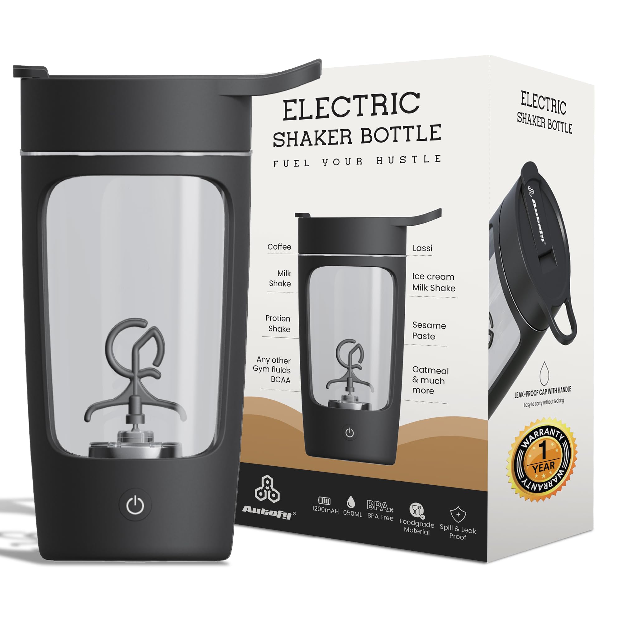 Autofy Electric Shaker for Gym Protein Shaker Bottle 100% Leakproof Design Multipurpose Use Coffee Lassi Milkshake BCAA Mixing Home Office Workout use *60 Mins Runtime* Anti-Skid Base (Black - 650ml)-image-21