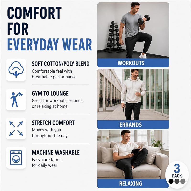 ALL IN SWEATS Men’s Sweatpants 3 Pack Joggers for Men - Athletic Sweatpants for Men with Pockets Workout Pants (Size L, Black/Charcoal/Grey) image 5