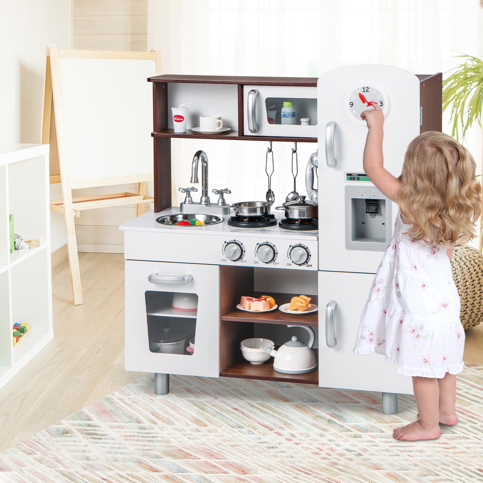 HOMASIS Cucina Giocattolo in Legno, Cucina per Bambini con Suoni e Luci, Cucinetta con Microonde, Forno, Distributore di Acqua, Frigorifero, Set da Cucina per Bambini dai 3 Anni in su, Bianco
