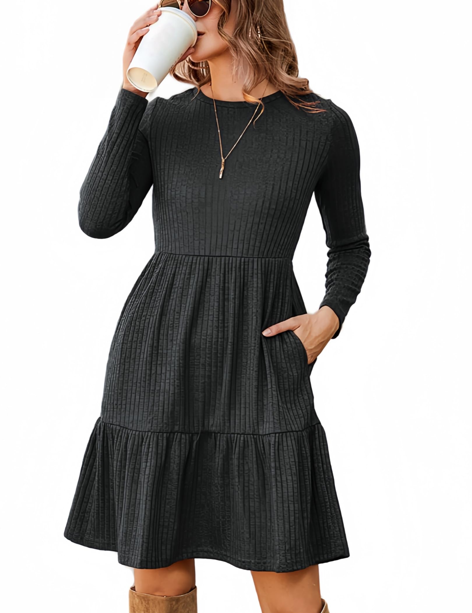 Zeagoo Damen Kleider Langarm Rundhals Herbstkleid mit Taschen Elegant Knielang Kleid Winter Frühling