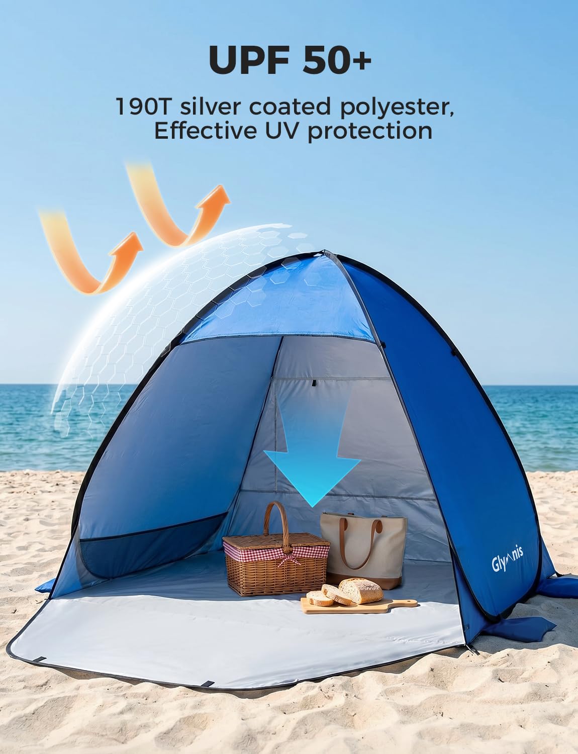 Glymnis Tenda da Spiaggia Pop-up UPF 50+ per 2-4 Persone con Cerniera Istantanea e Borsa