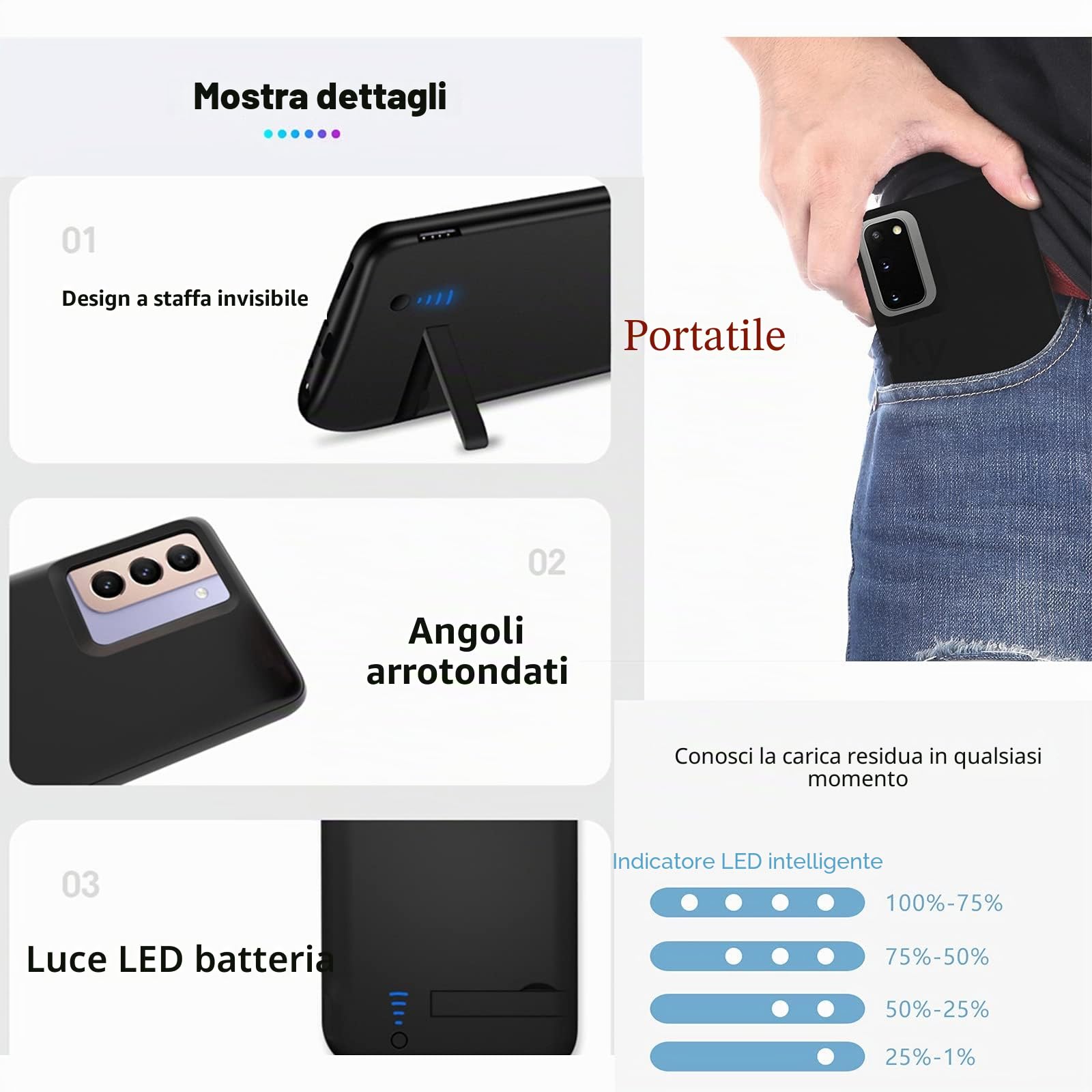 Custodia batteria per Samsung Galaxy S21 FE 5G, 5000mAh, Portatile Ricaricabile, Caricabatterie Esteso, Power Bank s21fe, Custodia di ricarica con protezione dello schermo, Nero