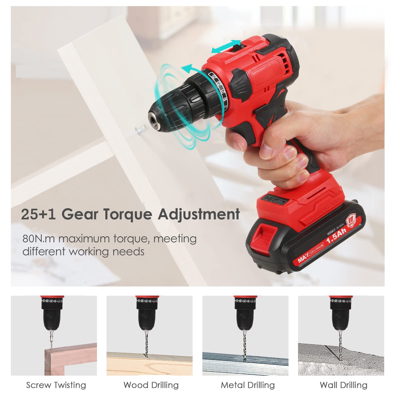 Drill a Impatto, Trapano a Batteria con Motore Senza Spazzole, Soffitto Ad Alta Potenza 1580 W 21 V PROPRIO PROPRIEMENTO per Auto, Casa, Fai Te (Plug e 2 batterie UE)
