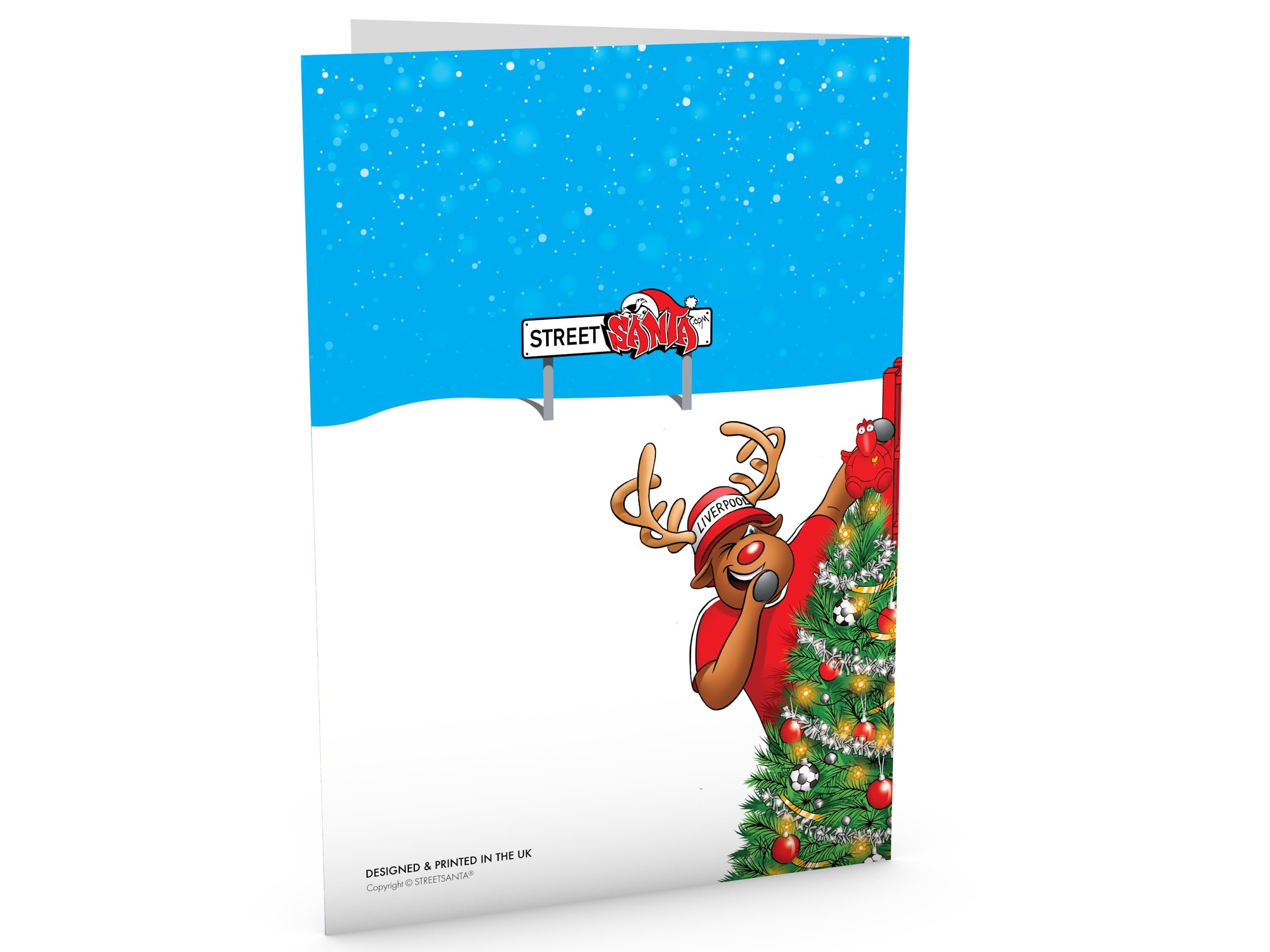 Football Christmas Card for Man Utd Fans Pack of 6 Cards Santa Jumping Out of Chair to Support Team Funny Rear of Card Showing Rudolph Supporting Rival Club Large A5 Made in UK - Image 3