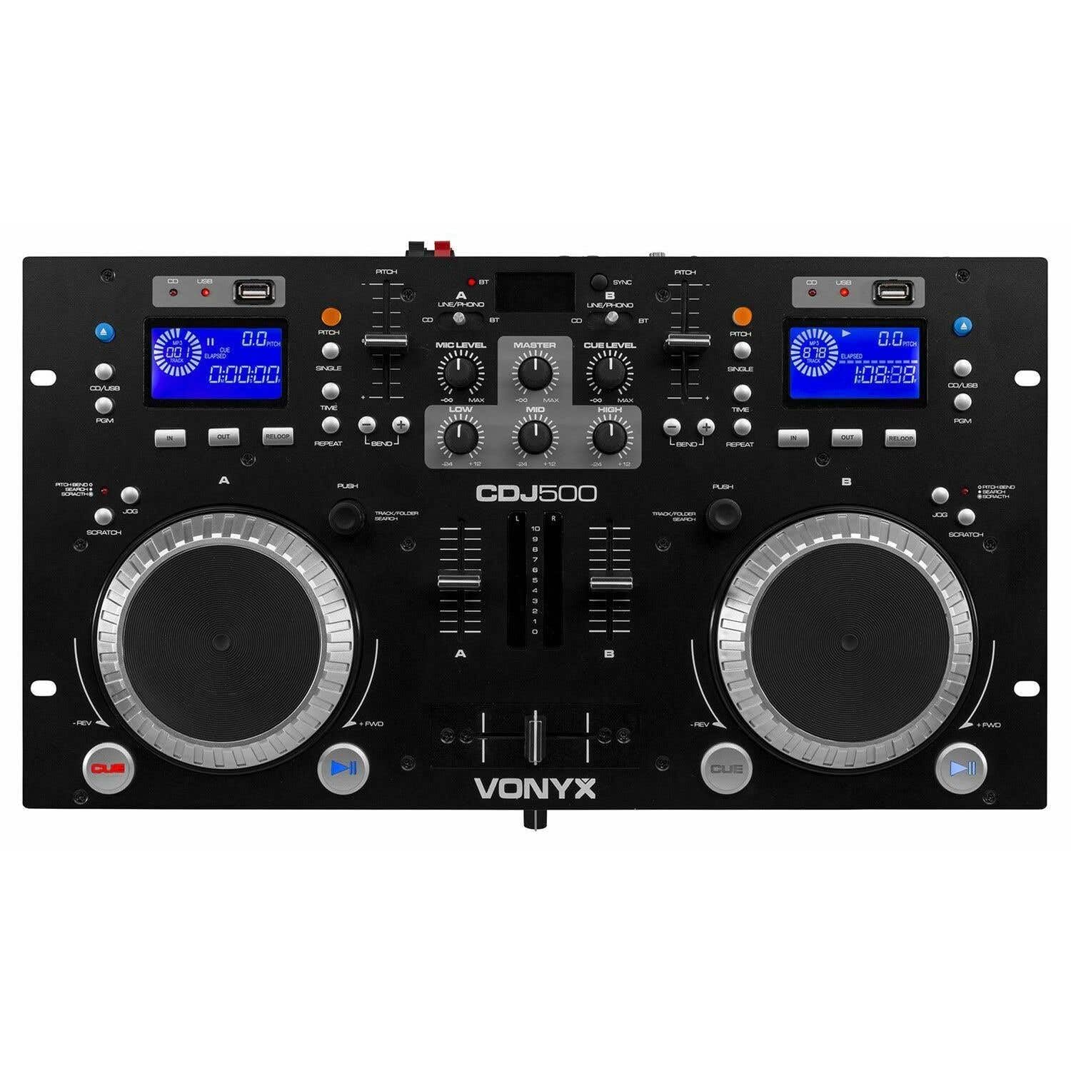 Vonyx CDJ500 DJ Controller mit Verstärker, 200 Watt, DJ Mischpult Bluetooth, DJ Pult Anfänger mit Doppel-CD, Audio Mixer, USB-Player, Loop Funktion, Jogwheels, Standalone DJ Mischer
