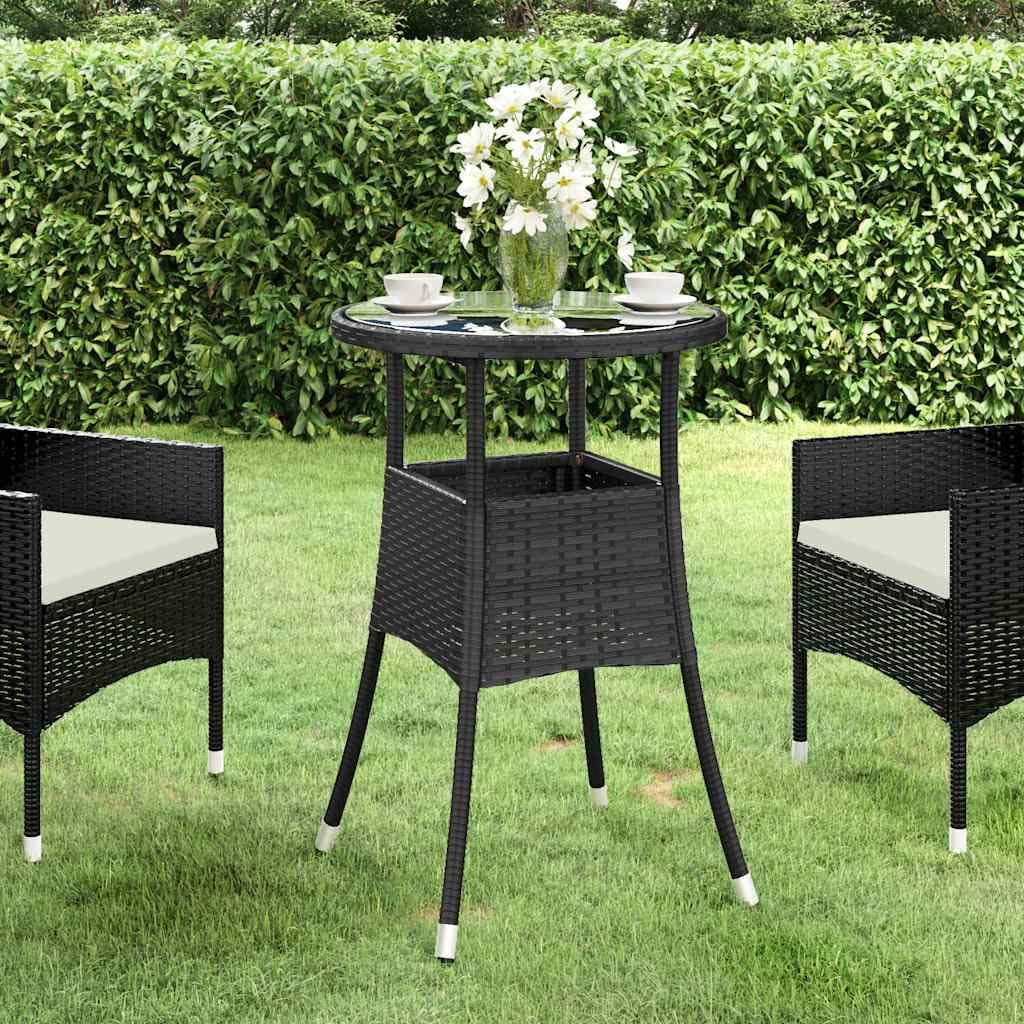 Mesa de jardín Ø60 x 75 cm de polirratán y cristal templado negro resistente a la intemperie con construcción de metal estable para terraza, balcón, pícnic, camping lounge