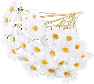 CHENGU 100 Pcs Fancy Toothpicks, 4.7 Inch Cocktail Picks Fancy Sticks for Appetizers, Handmade Bamboo Appetizer Fruit Skewers Food Picks for Wedding Valentines Holiday Decoration(Daisy)