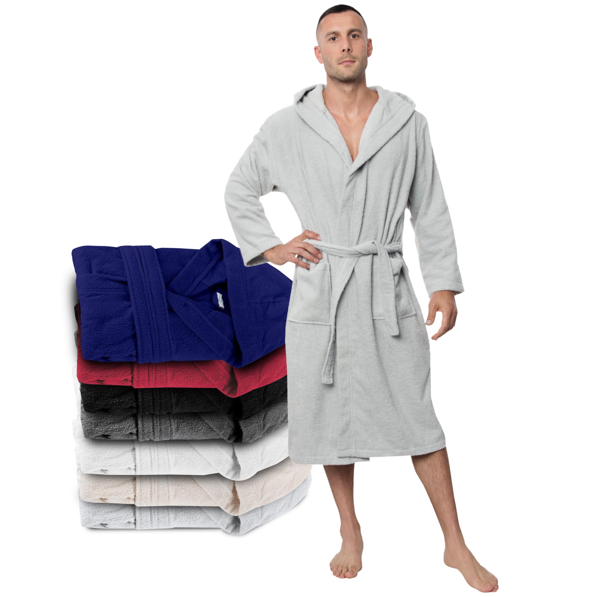 Twinzen Men's Grey Bathrobe & Wo 100% Cotton Oeko-Tex® Certified - Xxxl - Premium Dressing Gown Absorbent Towelling With Hood, 2 Pockets, Belt