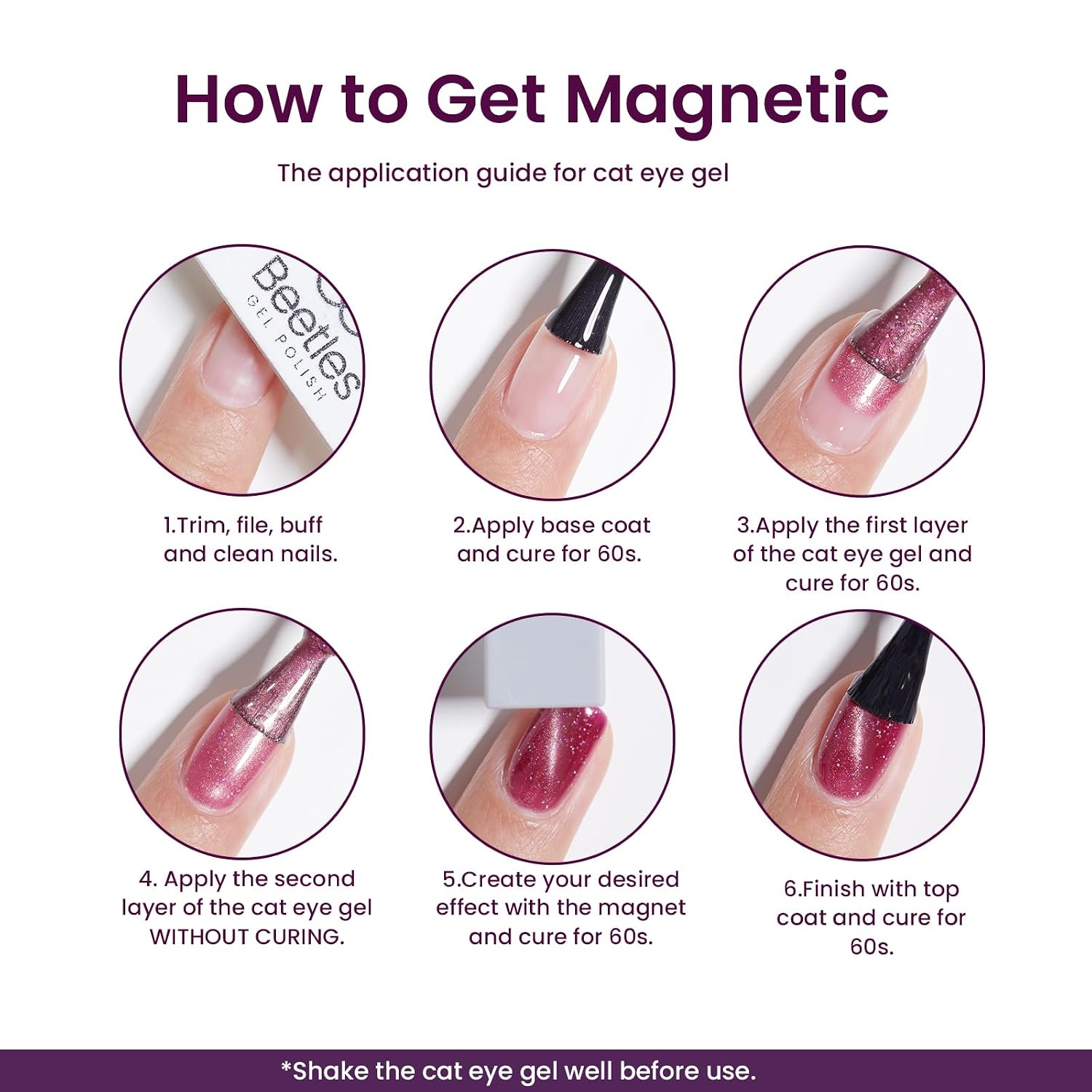 Beetles Cat Eye Gel Nail Polish Set, 6 Colors Brown Purple Glitter Nude Sparkle Stunning Champagne Burgundy Gold lavender Magnetic Effect Nail U v Gel Polish Art Design Gifts for Women