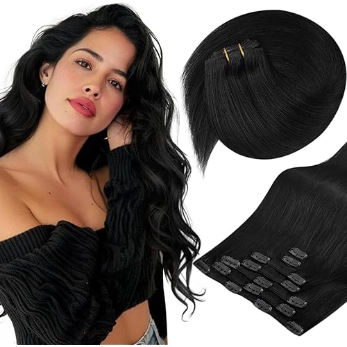 Sunny Hair Clip in Hair Extensions Straight Human Hair Clip in Extensions Remy Clip in Hair Extensions Real Human Hair Extensions Clip ins Natural Black for Women 14inch