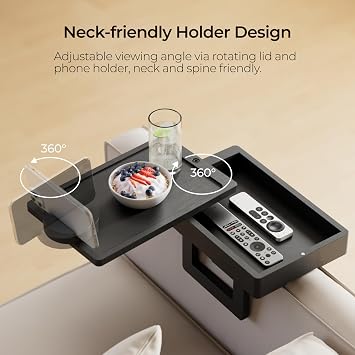 Wealone Mini Black Couch Arm Table for Narrow Armrest, Sofa Arm Tray with Storage Box, Rotating Tabletop and Phone Stand, Adjustable Sofa Arm Table Clip for Snacks or Dining, Armrest ≤18 cm Wide