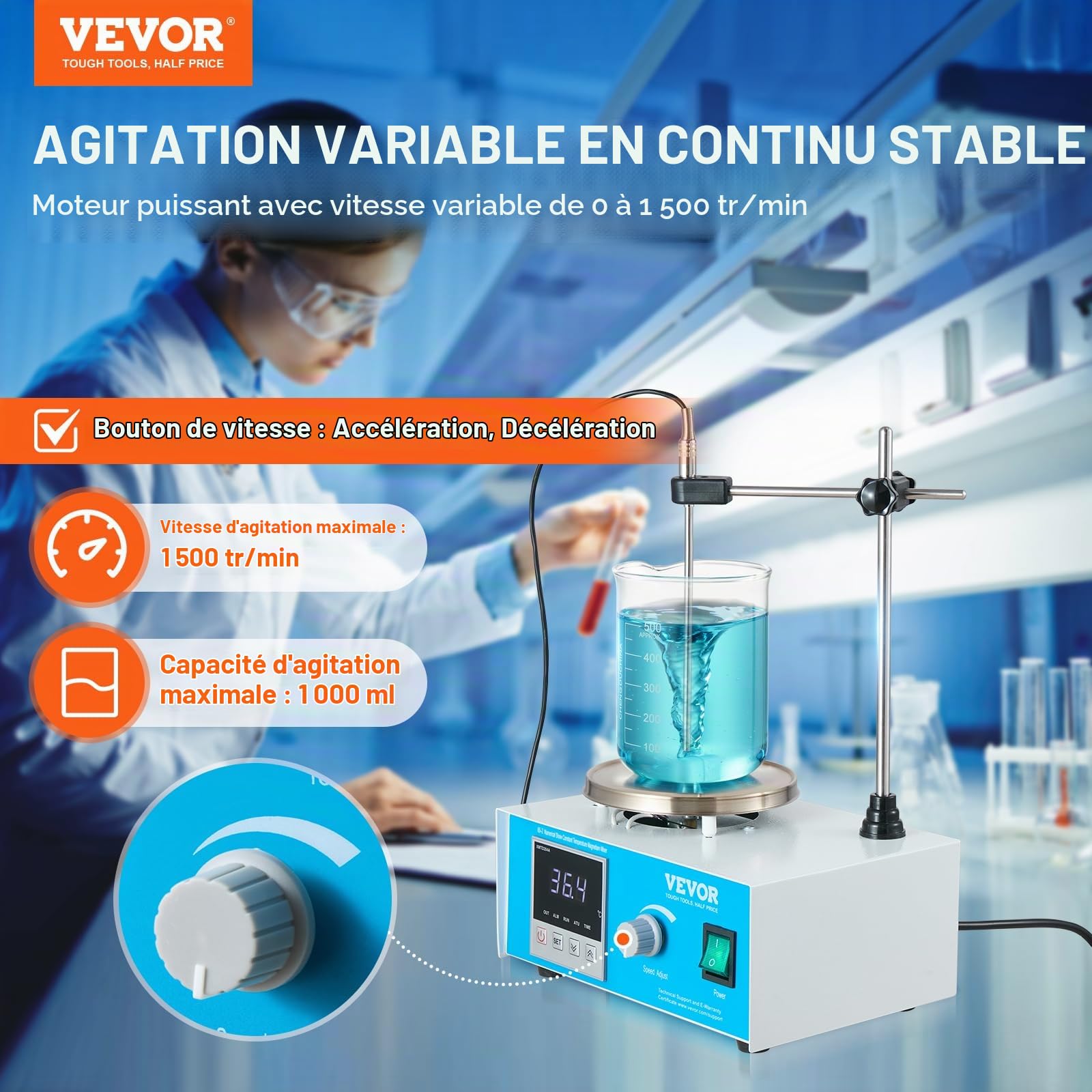 VEVOR Agitateur magnétique 1 L, mélangeur magnétique à plaque chauffante 99,9 °C, kit d'agitation 1500 tr/min, 250 W, avec bouton de vitesse réglable, support et barreaux d'agitation, écran LED, blanc