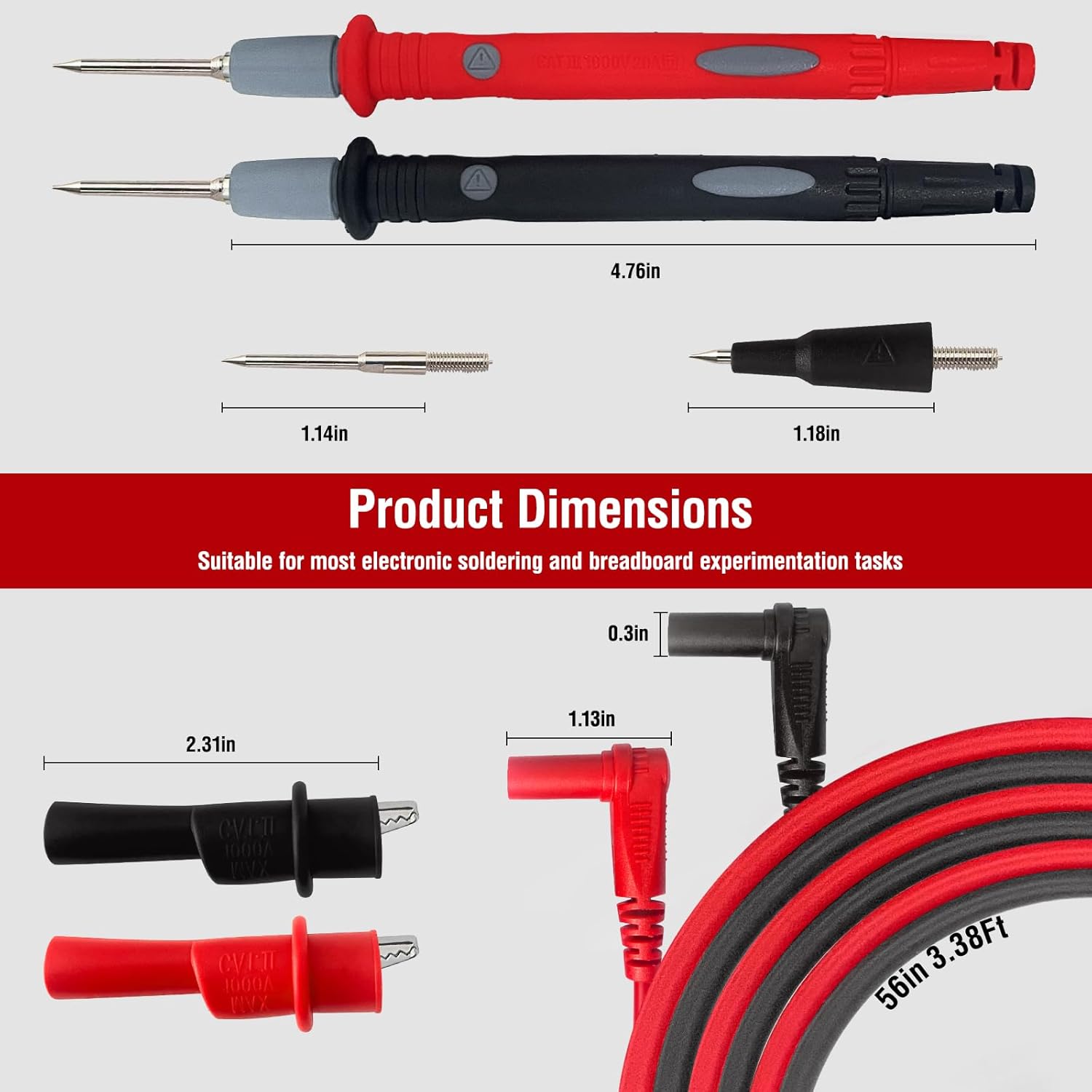 Professional Multimeter Test Leads Kit,Extra-Long Soft Silicone Meter Leads 1000V 20A, High Temperature, Freeze & Tear Resistant for Fluke, Klein,AstroAI, Interchangeable Hard & Soft Probe Tips - Image 2