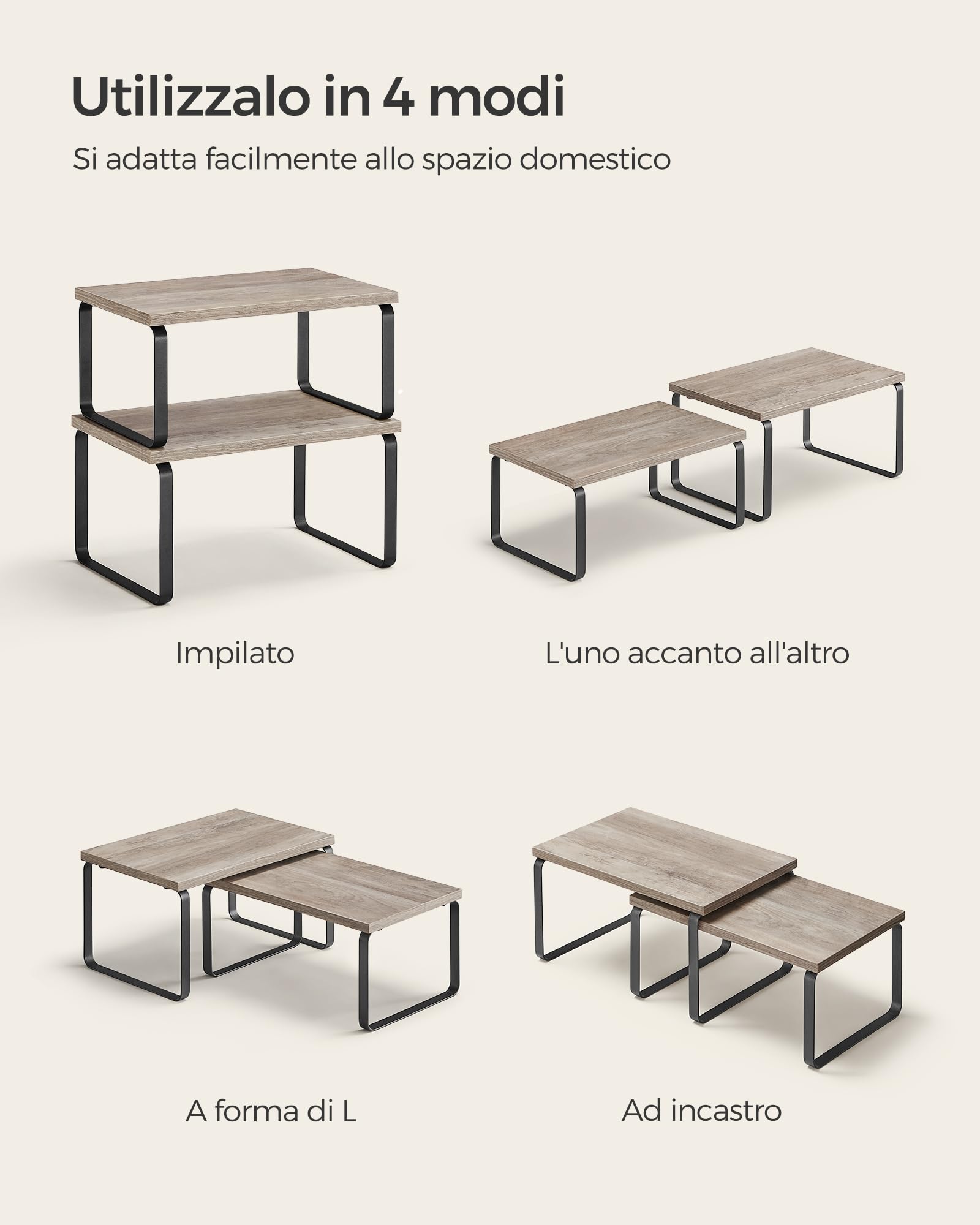 SONGMICS Scaffale Portaspezie, Set di 2 Organizzatori da Cucina Espandibili, Scaffale da Cucina Impilabile, Metallo e Legno Ingegnerizzato, Nero Inchiostro e Greige Erica KCS020X02