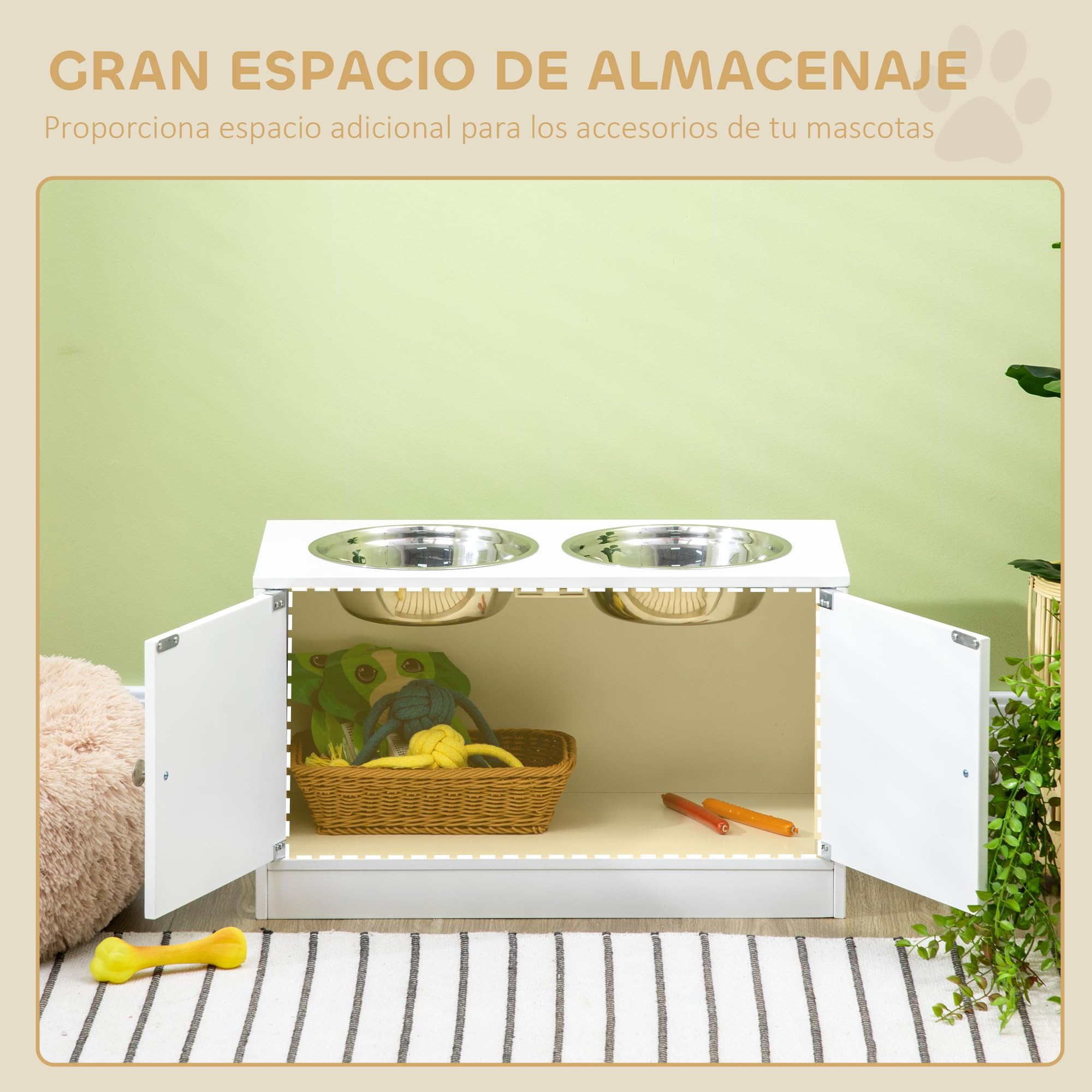 PawHut Comedero Perro Elevado con 2 Cuencos de Acero Inoxidable 2x2000 ml Comedero Elevado para Perros Grandes con 2 Puertas y Almacenamiento Oculto Blanco