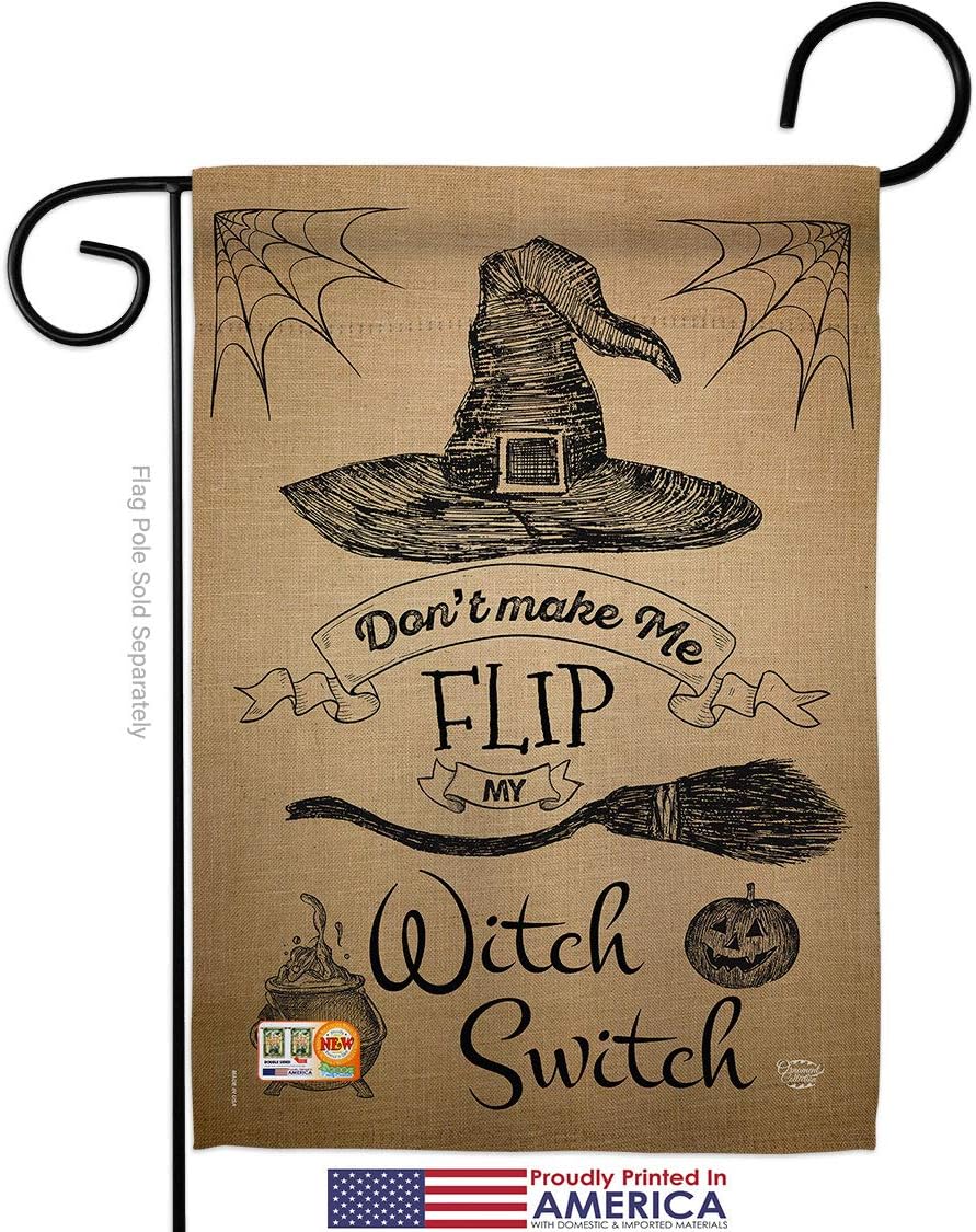 Flip my Witch Switch Garden Flag Set Wall Holder Falltime Halloween Trick or Treat Spooky Night Black Cat Season Autumntime Pumpkin Small Gift Yard House Banner Made In USA 13 X 18.5