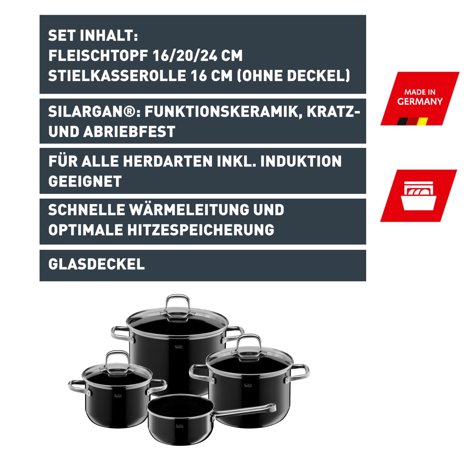 Silit Elegance Line Topfset Induktion 4-teilig, Kochtopf Set mit Glasdeckel, Silargan Funktionskeramik, Induktions Töpfe Set nickelfrei