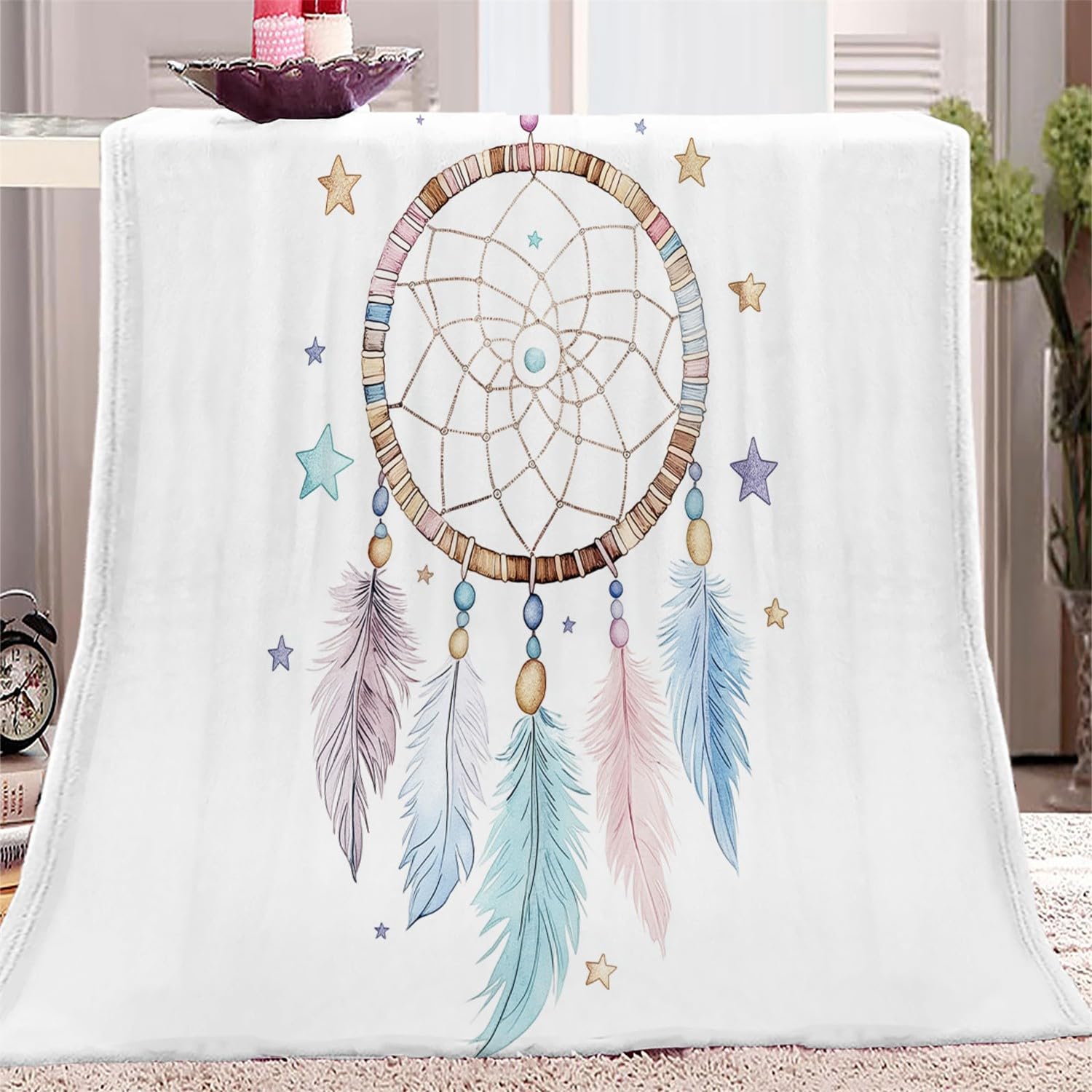 Manta de Franela Atrapasueños Boho con Estrellas Manta de Microfibra Ligera y de Terciopelo Suave para sofá 150X 180 Color Manta Suave y cálida para la Cama