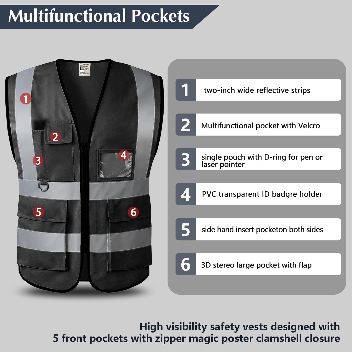 YUANVEST Hi Vis Vests for Men Women 5 Pockets,High Visibility Reflective Safety Security Vest,2-inch Reflective Strip High Visibility Vest,Meets ANSI/ISEA Standards (Black-Cloth - Image 2