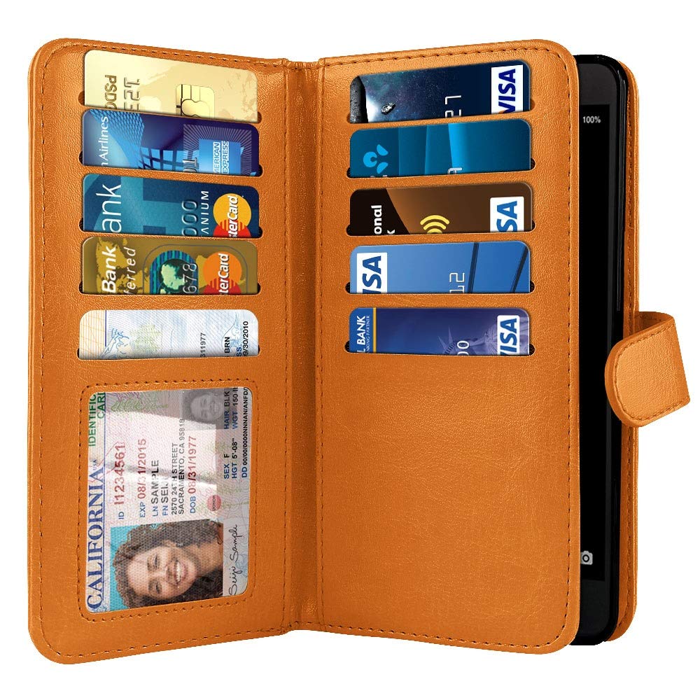 NEXTKIN Case Compatible with ZTE Blade Z Max Z982/ Sequoia, Leather Dual Wallet Folio TPU Cover, 2 Large Pockets Double Flap, Multi Card Slots Snap Button Strap for Blade Z Max Z982 - Orange
