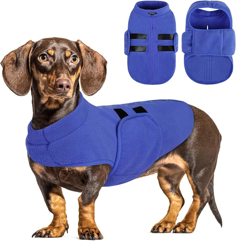 Queenmore Small Dog Sweater,Fleece Dachshund Sweater Jacket with Leash Hole | Dachshund Clothes Warm Winter Dog Coat for Small Dog Cat Boy Girl | Winter Coat with Hook & Loop Closure for Easy On/Off