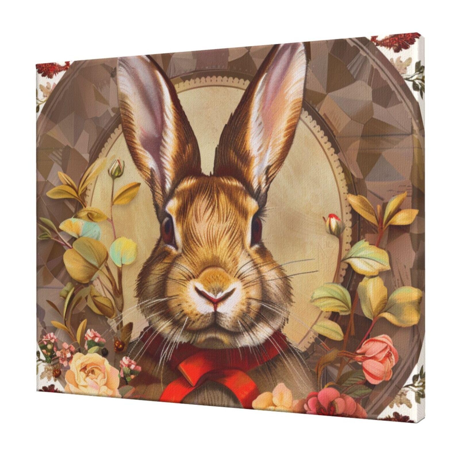 YKLJG Bunny Rosette Printed Wall Art Canvas Prints 60x50 CM Wooden Framed Picture Painting Artwork for Bedroom Kitchen Home Office Decor