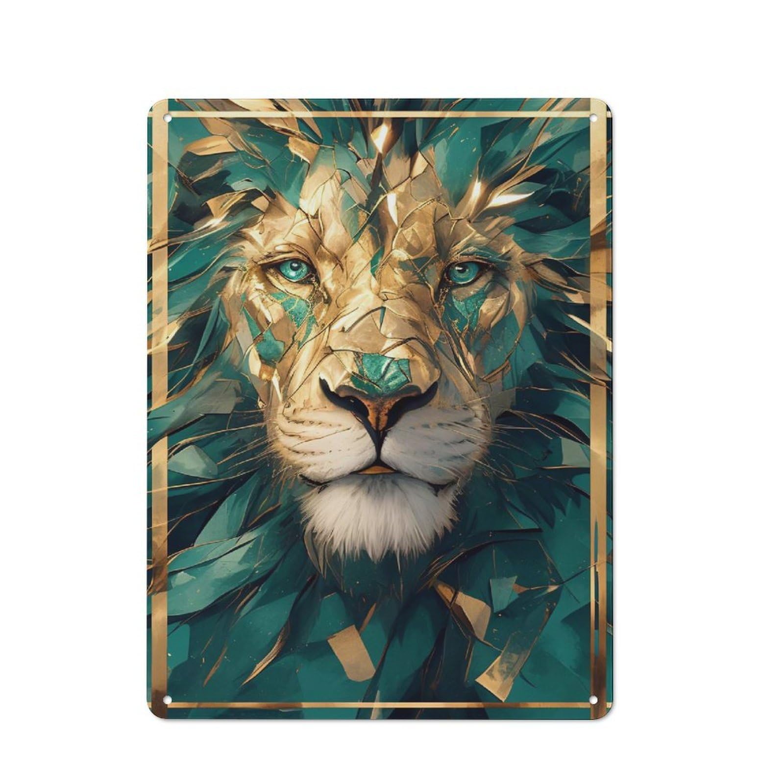 Junmoney Style-5 Emerald And Gold Lion Portrait Rustic Metal Plaque 40X30cm For Living Room Wall, Suited To Home Wall Decor Collectors