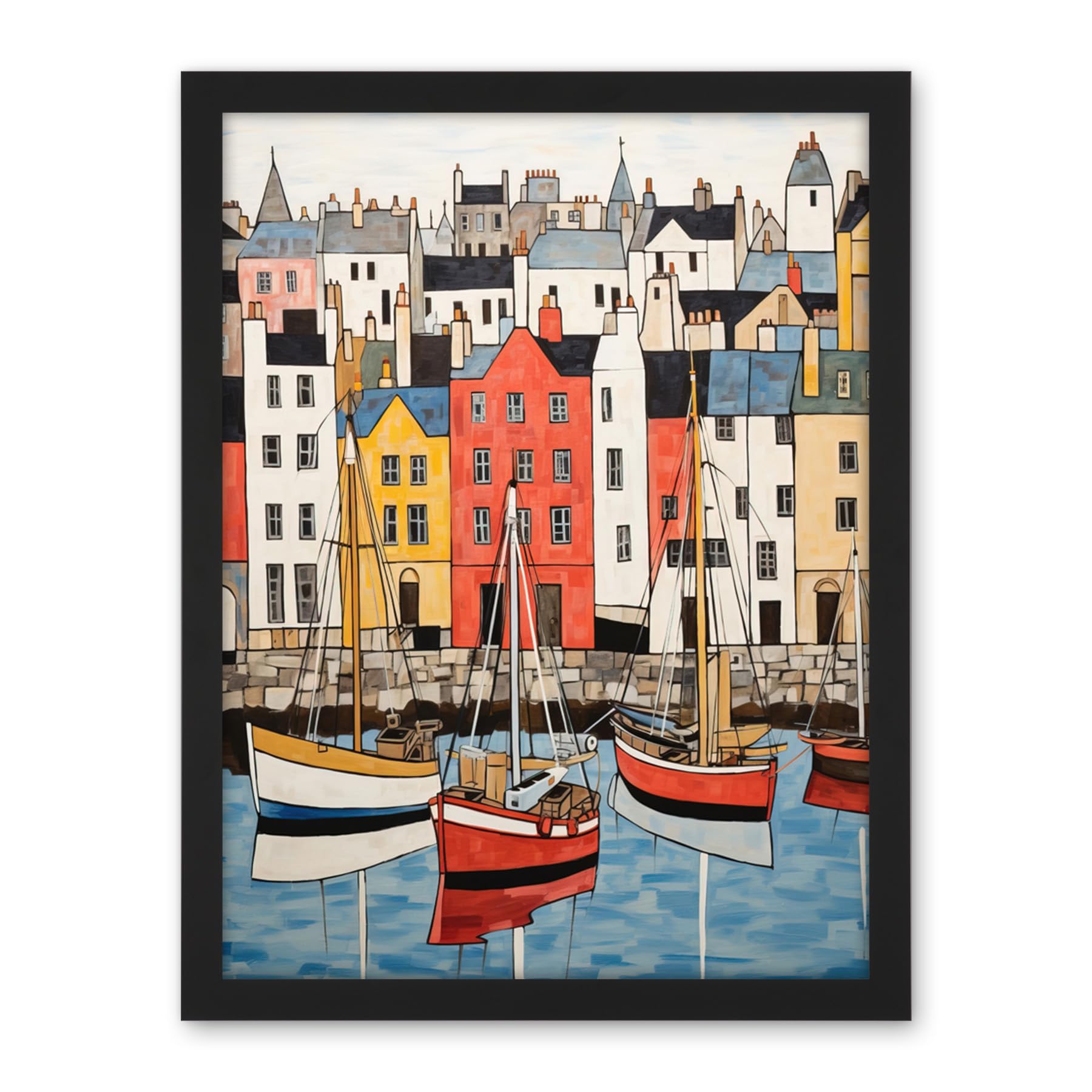 Artery8 Colourful Town Harbour Acrylic Painting Red Yellow Blue Fishing Boats Coastal Townscape Artwork Framed Wall Art Print 18X24 Inch