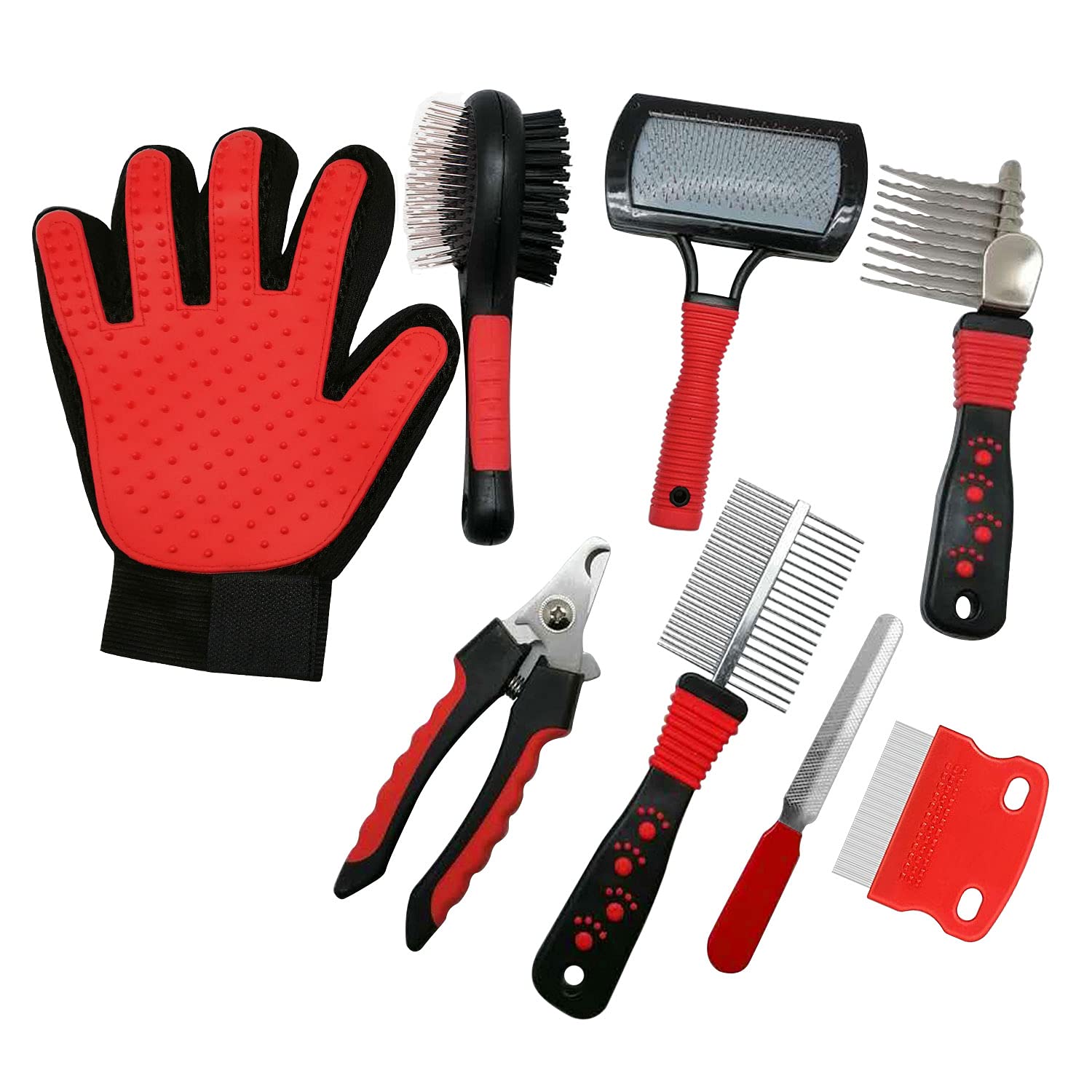 ANQIQI 8 in 1 Complete Dog Grooming Brush Kit ,With Pet Hair Removal Glove,Pet Nail Clipper and Double Sided Brush for Cats and Dogs