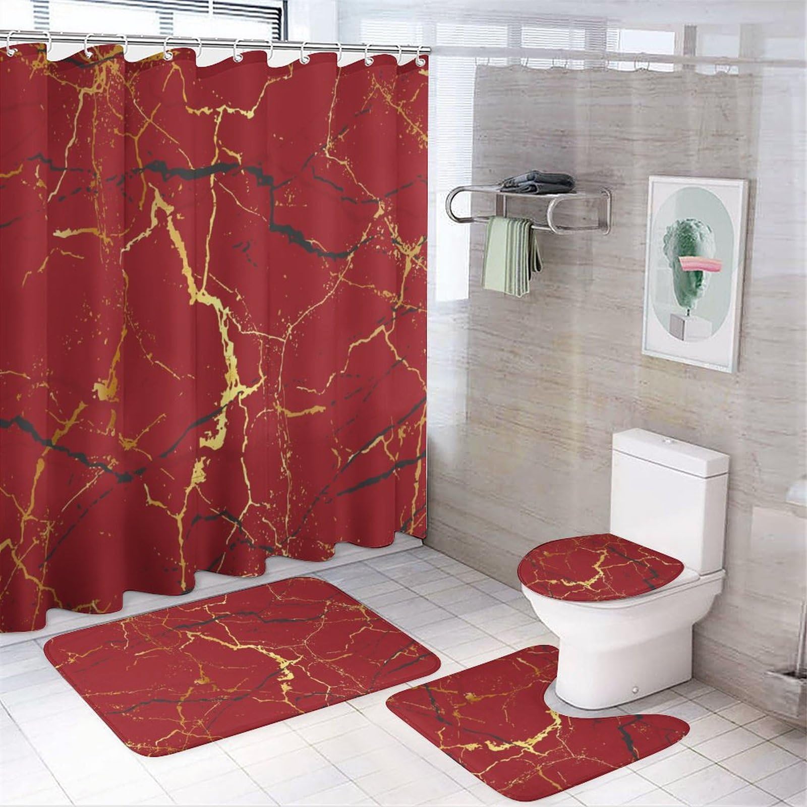 COALHO Abstract Modern Art Red Marble 4 Pcs Bathroom Decorative Set Rustic Luxury Red Golden Marble Shower Mat Shower Curtain With Rug 12 Hooks,183x183CM