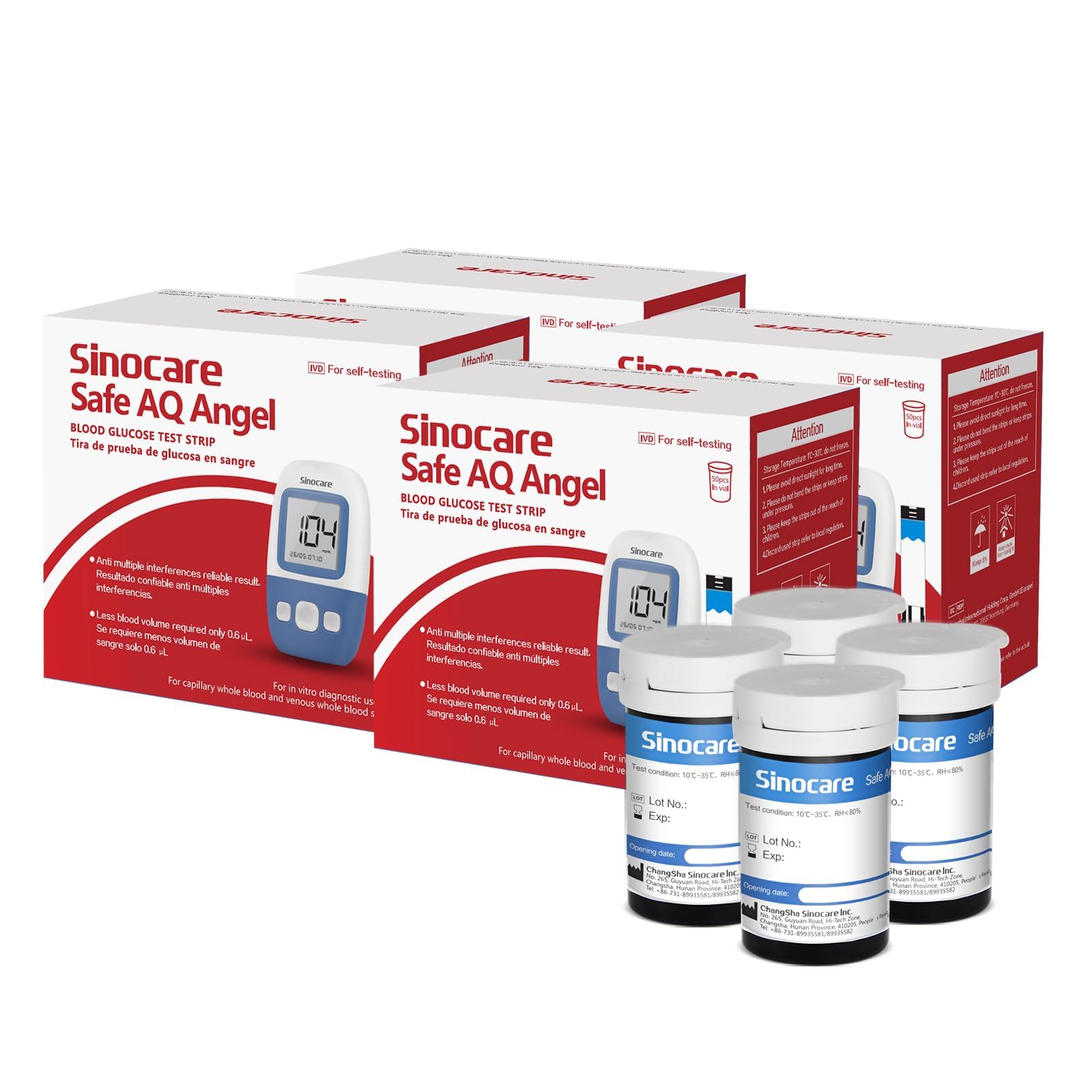 Sinocare Tiras en Sangre Tiras, 200 x Tiras Reactivas sin Código Solo para Safe AQ Angel Certificado ClimatePartner