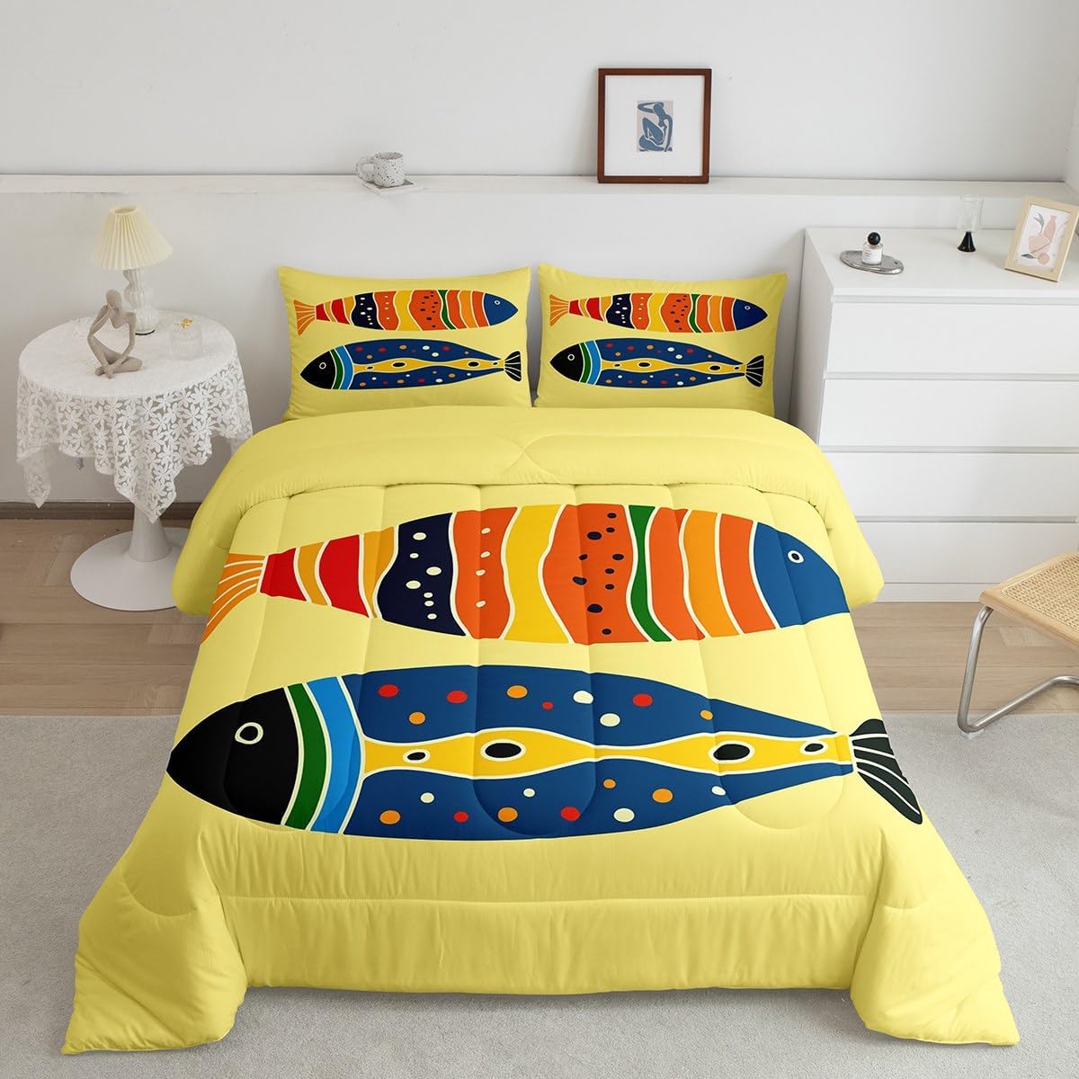 Feelyou Bass Fish Comforter Set Twin Size Cute Colorful Fish Bedding Bedding Set Set for Kids Boys Teens Farm Fisherman Fishing Comforter Bright Yellow Quilt Set Bedroom Duvet Set 2Pcs