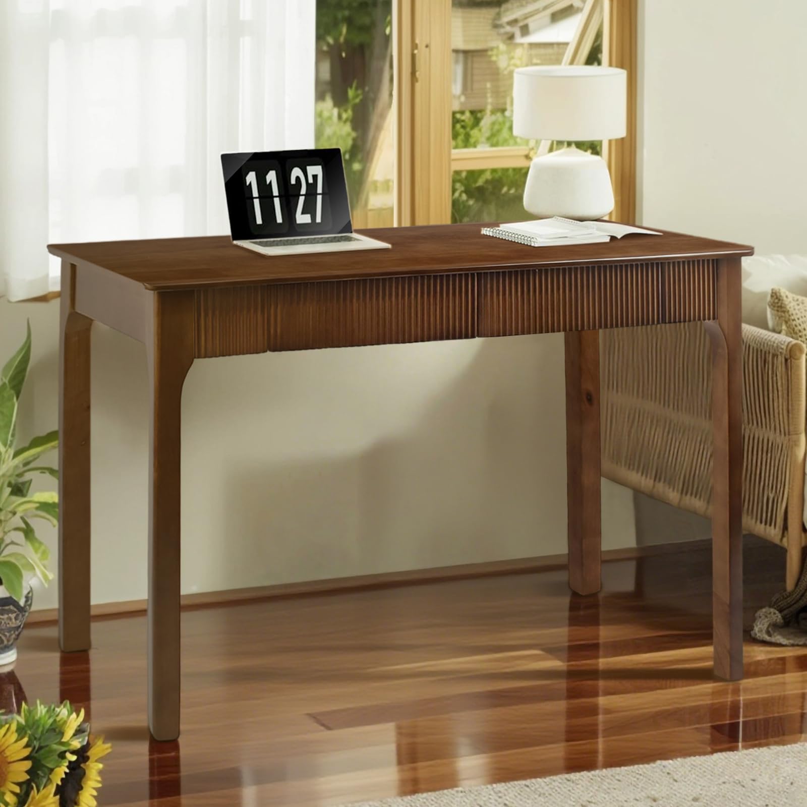 47.2'' Solid Wood Desk with 2 Drawers, Mid Century Modern Home Writing Office Wooden Desk ,Vintage Computer Table with Storage for Living Room, Bedroom, Fluted Design Brown (Walnut, 47.2 Inch) Walnut 47.2 Inch