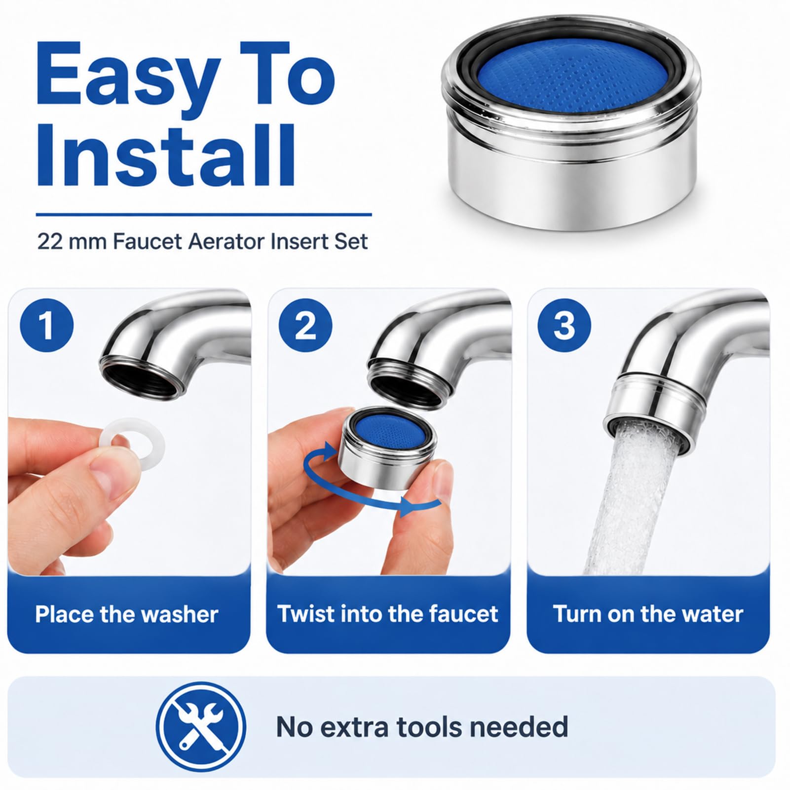 Set mit 4 Strahlregler M22, Wasserhahn, Küche, Strahlregler mit Unterlegscheiben, spritzwassersparend, langlebig und einfach zu installieren, für alle Standard-Wasserhähne