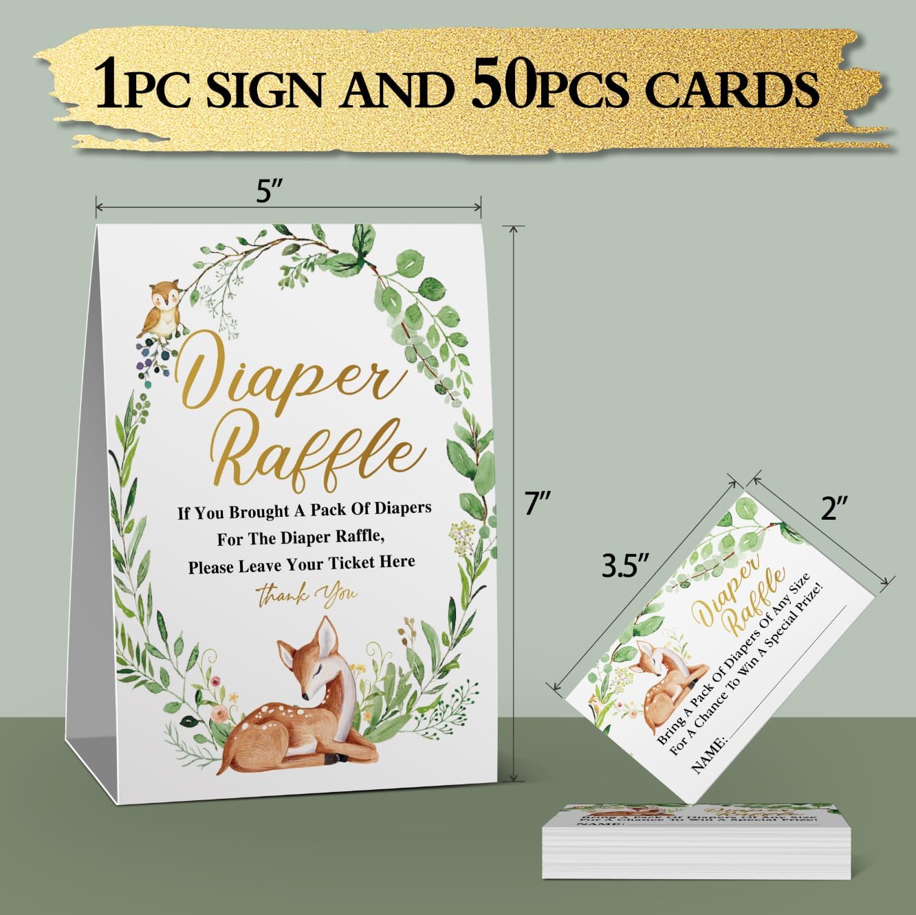 skuhyyg Diaper Raffle Sign, Diaper Raffle Baby Shower Game Decorations Set(1 Sign + 50 Cards), Green Eucalyptus Deer Woodland Forest Animals Insert ticket，Neutral Boy Girl-01