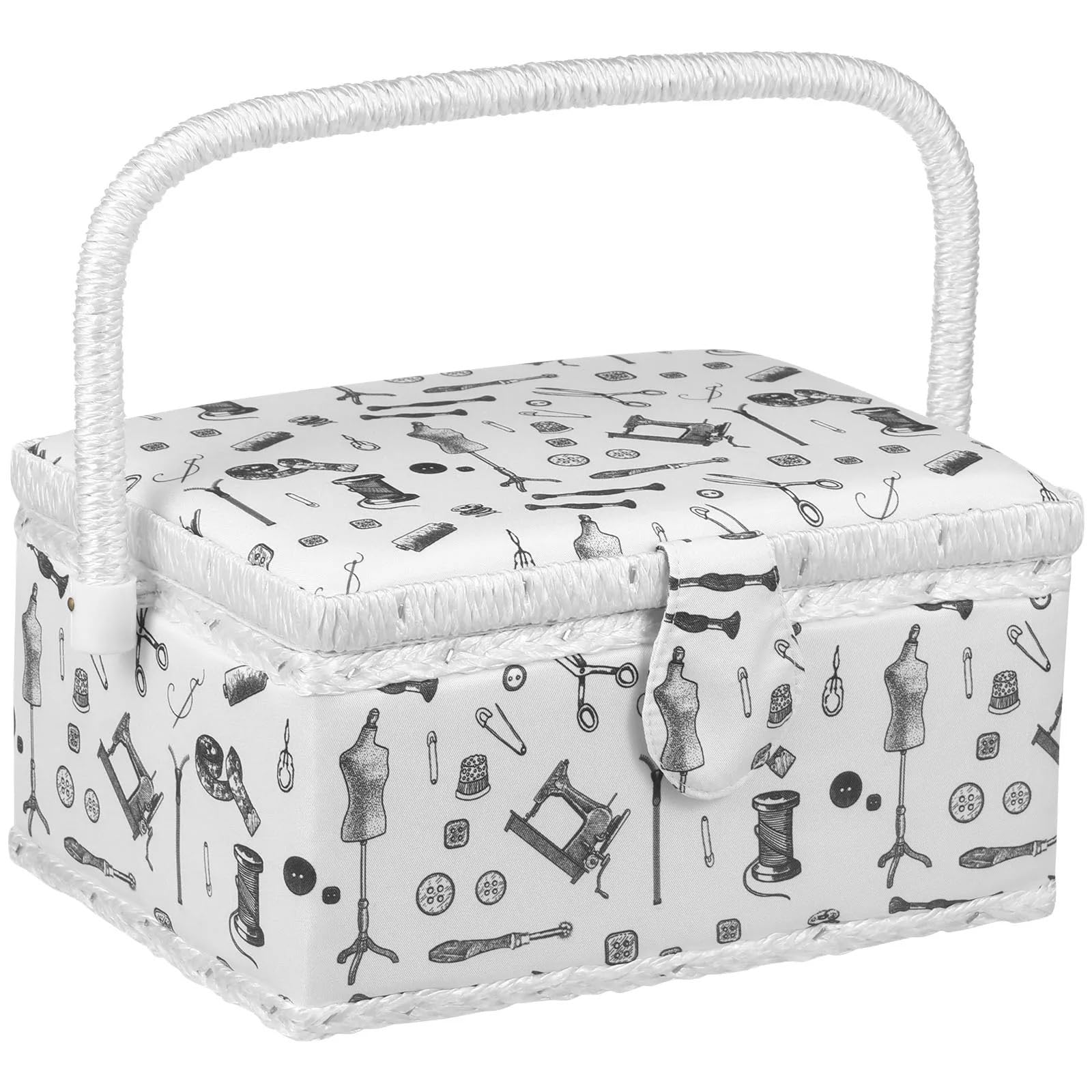 Cesta de costura Cesta de costura tela madera, organizador Estuche transporte doble capa con bandejas extraíbles for agujas, tijeras, botones, cremalleras