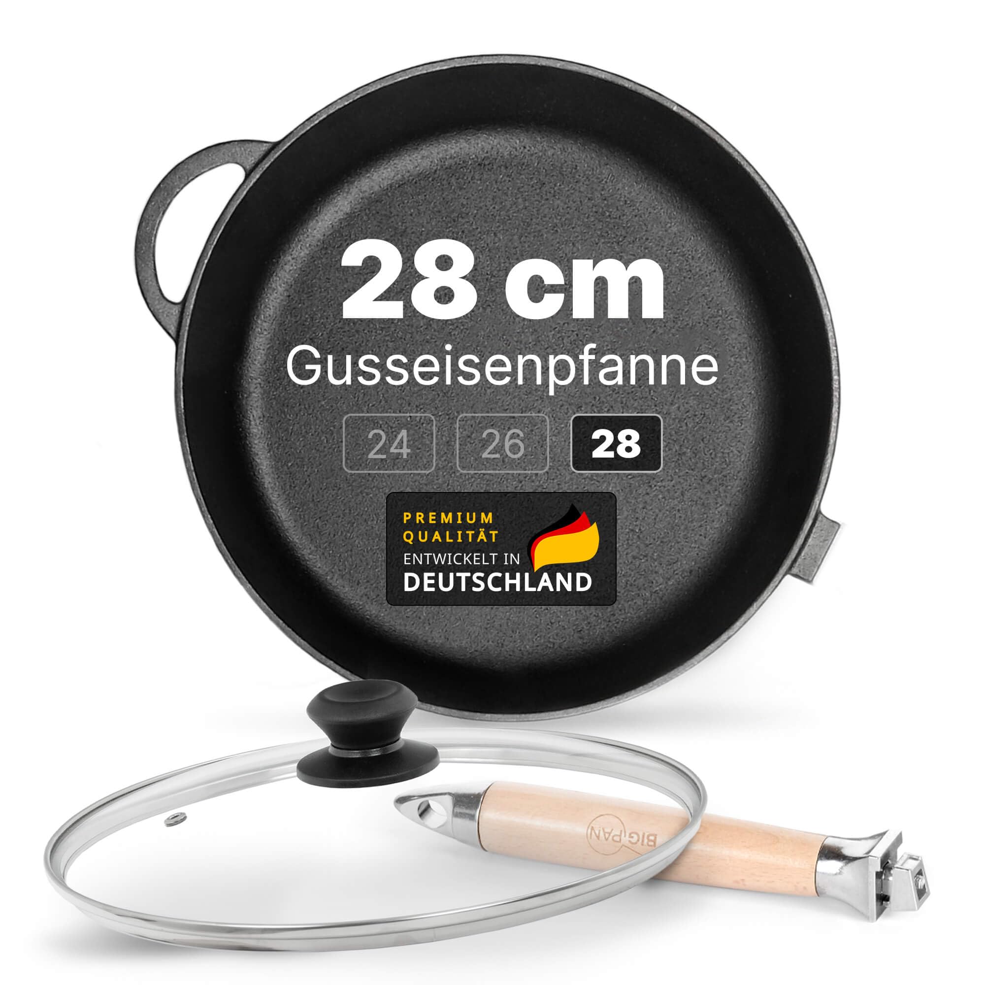 Gusseisenpfanne Ø28cm tief mit Glasdeckel abnehmbahrer Holzgriff Induktion | Hochwertige Bratpfanne aus Gusseisen unbeschichtet Eisenpfanne Eisenpfanne für alle Herdarten Grill und offenes Feuer