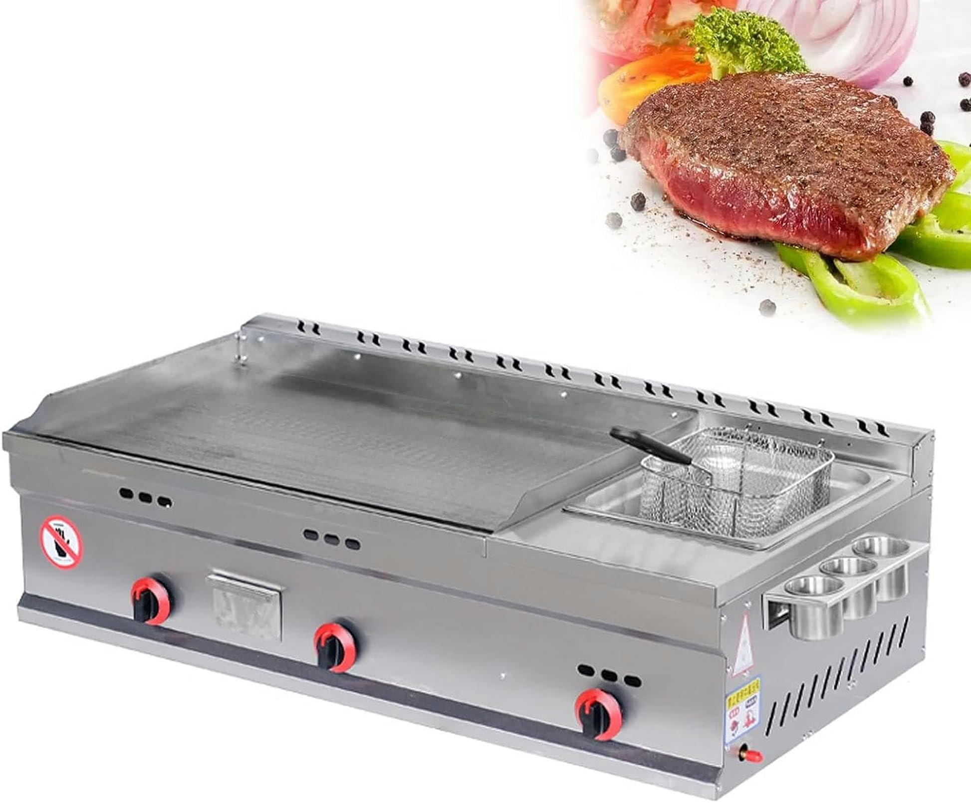 Dntum Commercial Countertop Gas Griddle, Restaurant Stainless Steel Teppanyaki with Adjustable Temperature, Kitchen LPG Gas Grill for Outdoor Catering