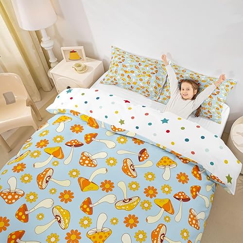 Miniatura 15 de Juego de funda de edredón Kawaii de hongos bohemios, juego de cama para el sol, funda de edredón hippie con diseño floral y groovy, tamaño Multi
